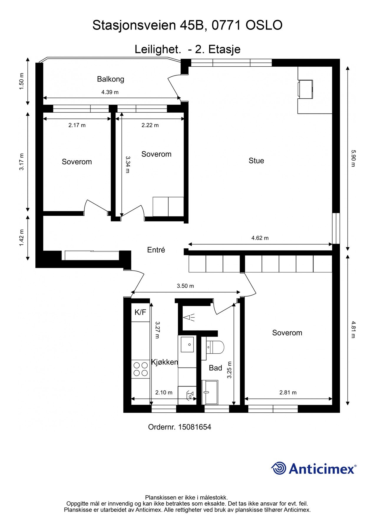 Plantegning 2. etasje. I tillegg disponerer leiligheten tre boder; en kjellerbod på 9m², en kjellerbod på 4m² og en loftsbod med gulvareal på 12m². Galleribilde