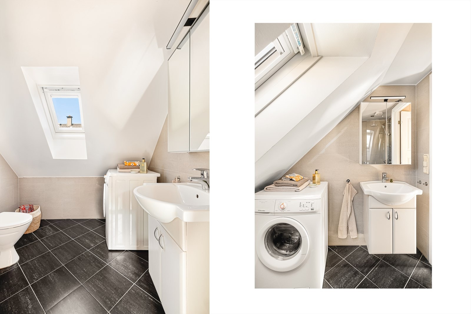 Badet har flislagte overflater og termostatstyrte varmekabler i gulvet. Veldig herlig med Velux vindu også her, for både dagslys og luft. Vaskemaskin medfølger handelen. Galleribilde