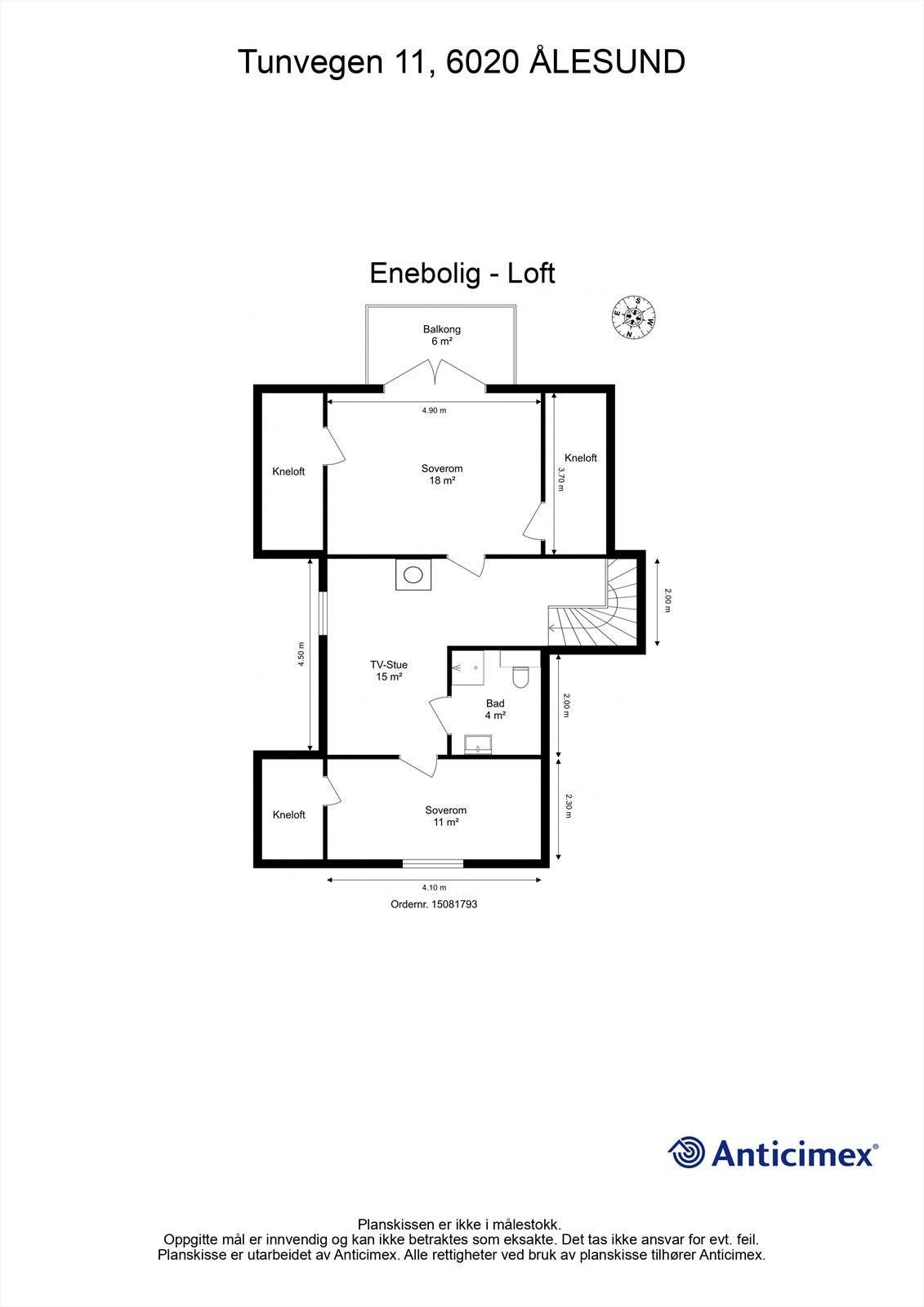 Målsatt plantegning 2. etasje
NB! Loftsetasjen er innredet/oppført etter at midlertidig brukstillatelse er gitt og er ikke bruksendret og omsøkt Galleribilde