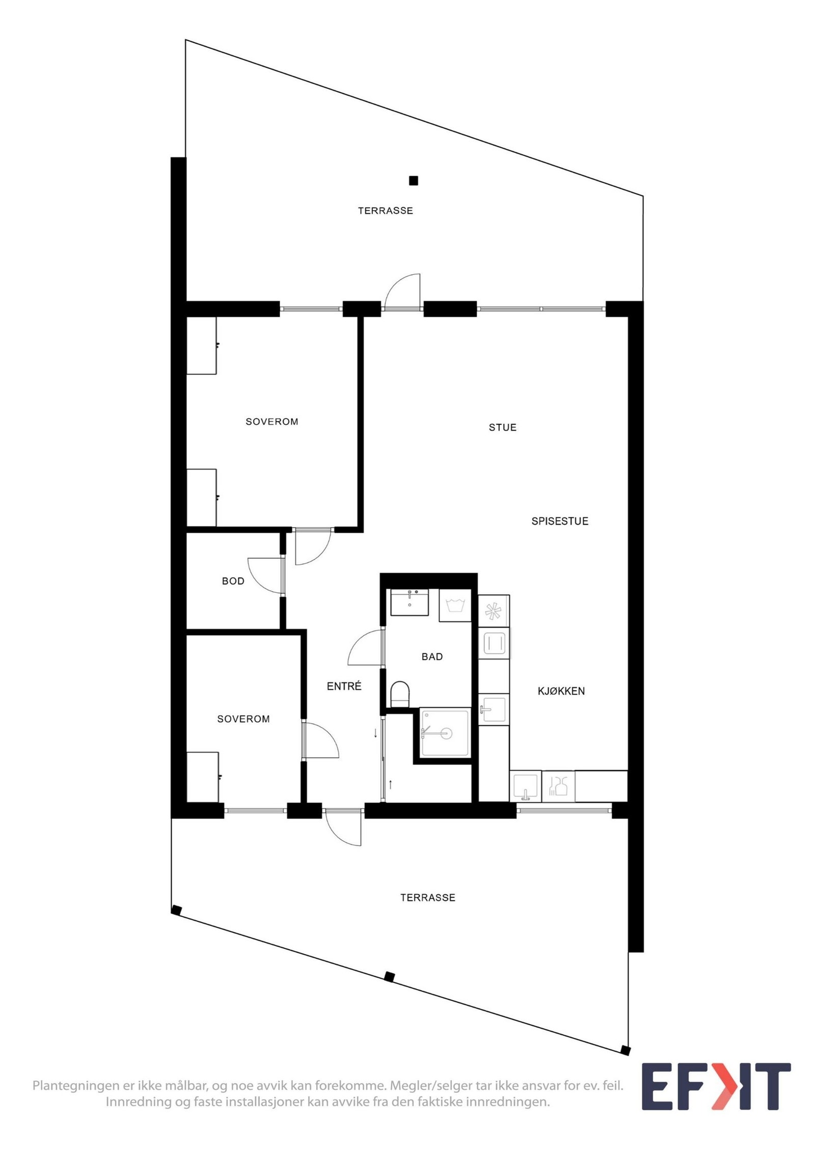 2D plantegning - Inne: 70 kvm. Terrasse: 50 kvm til sammen Galleribilde