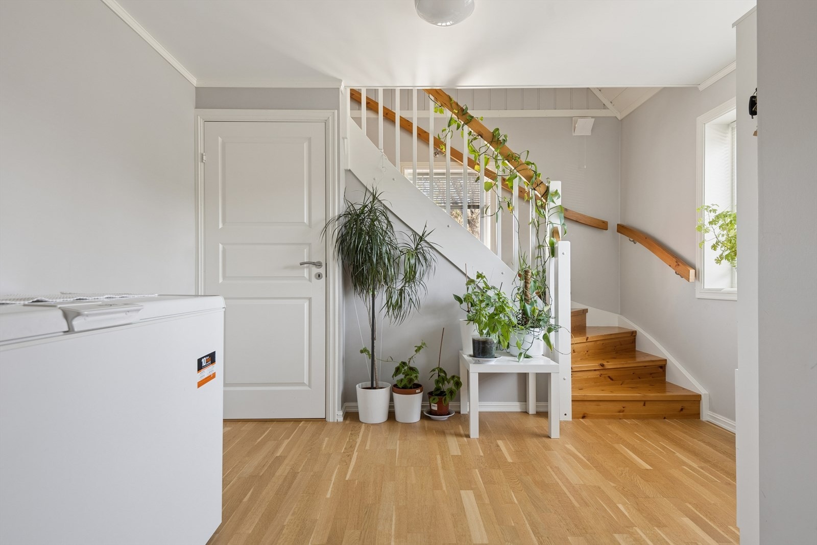 Romslig hall med trapp til andre etasje og kjeller. Tretrappen er fra 2017 med lakkerte trinn. Galleribilde