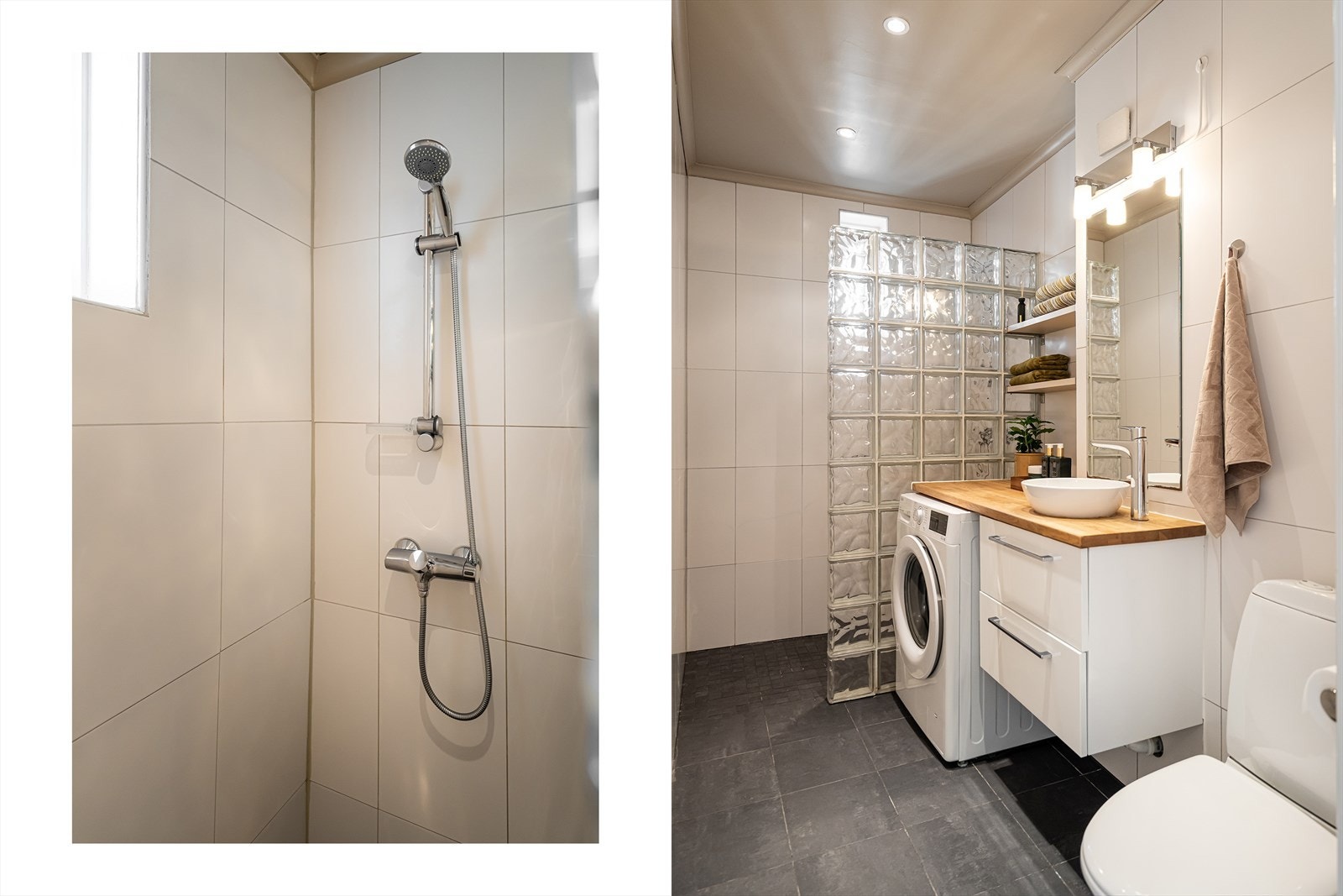 Badet er flislagt med varmekabler i gulvet, i tillegg til opplegg for vaskemaskin. Galleribilde