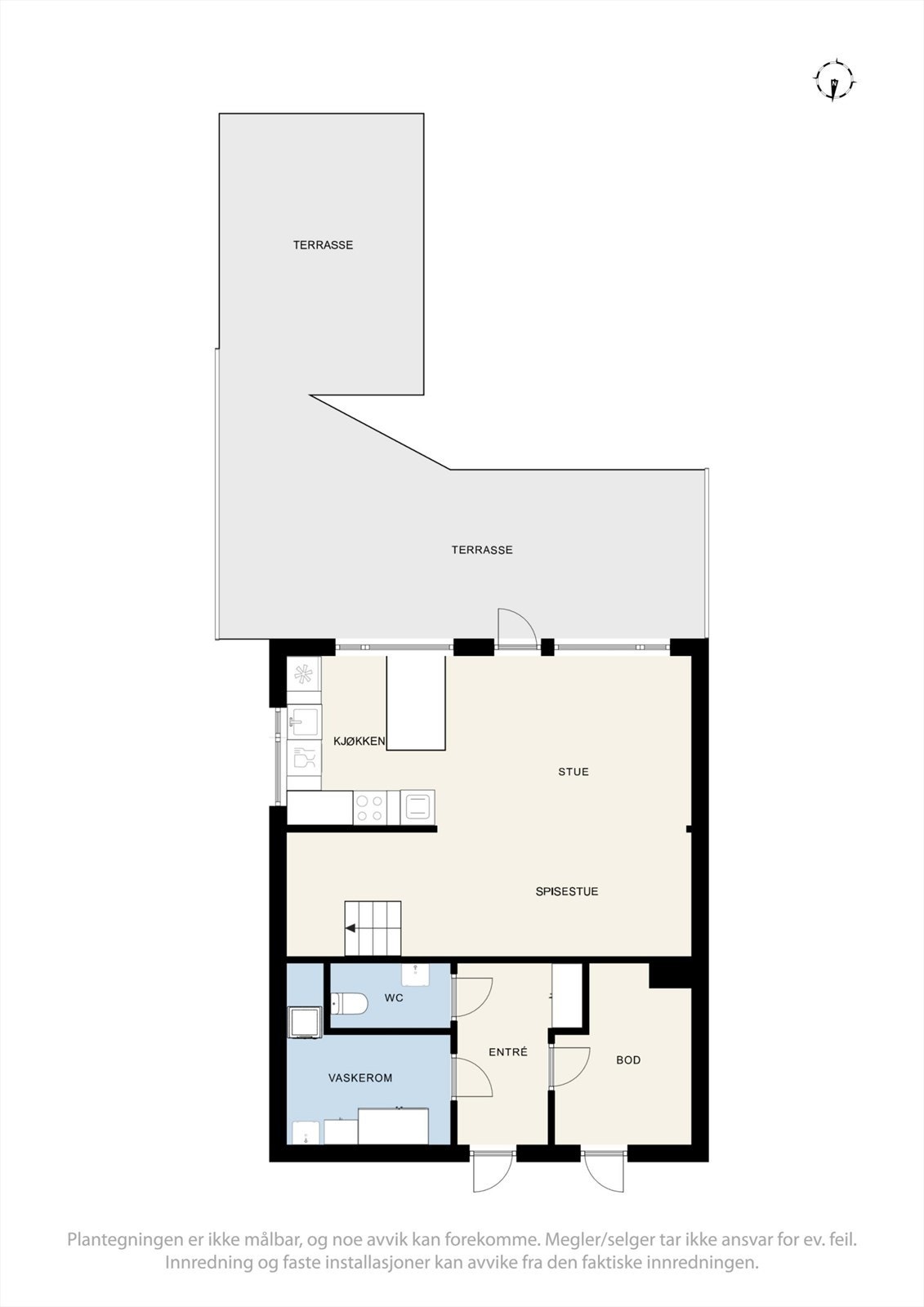 Planløsning for første etasje, som inneholder stue/kjøkken, entré, vaskerom, bod og toalettrom. Galleribilde