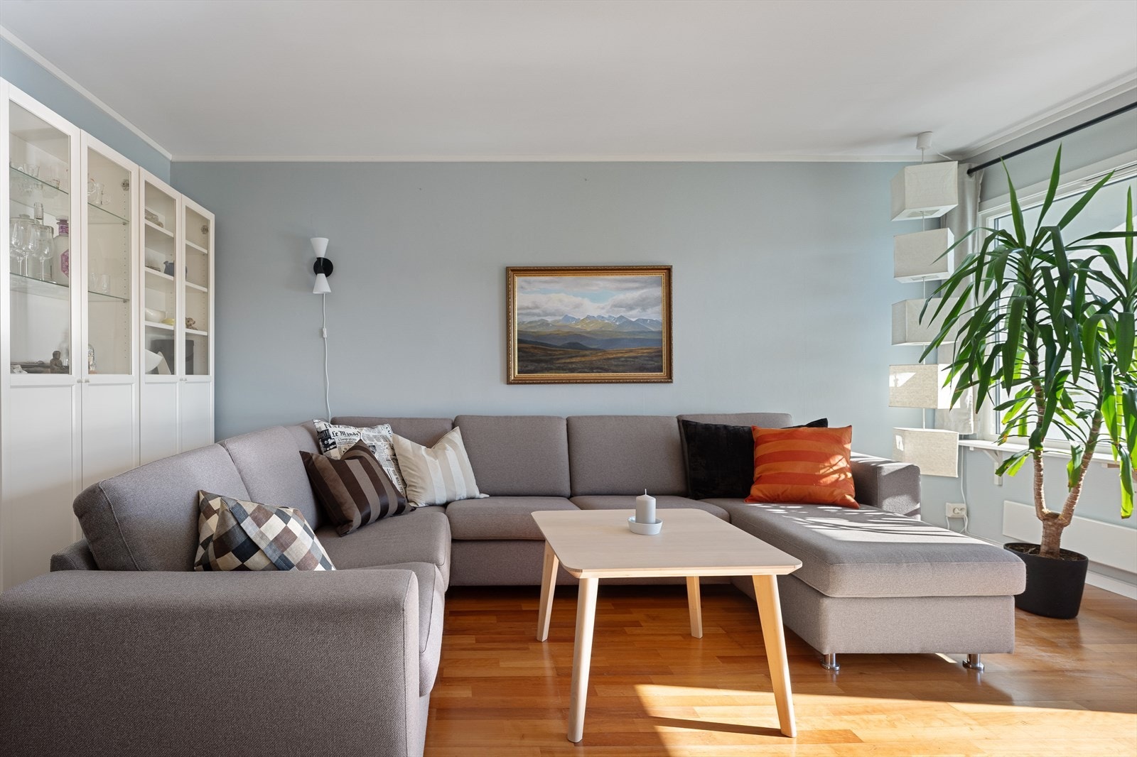Romslig stue med plass til sofa og TV-møblement. Galleribilde