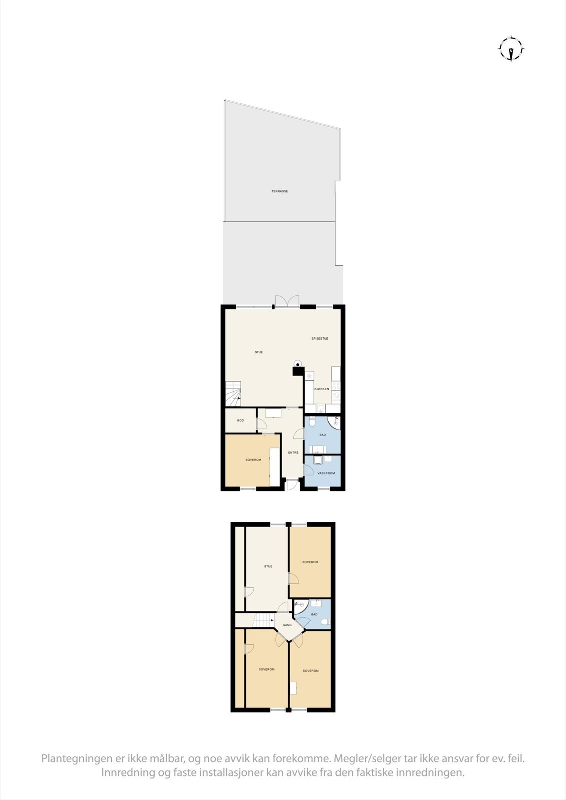 En gjennomtenkt planløsning over to etasjer, med sosiale soner i første etasje og en privat soveromsavdeling på loftet. Plantegningen er ikke målbar. Galleribilde