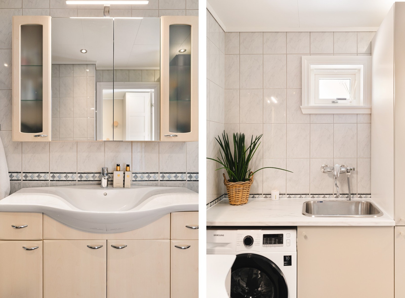 Praktisk vaskeromsløsning på badet med opplegg for vaskemaskin og innredning av slette fronter og laminat benkeplate med nedfelt vask av stål. Galleribilde