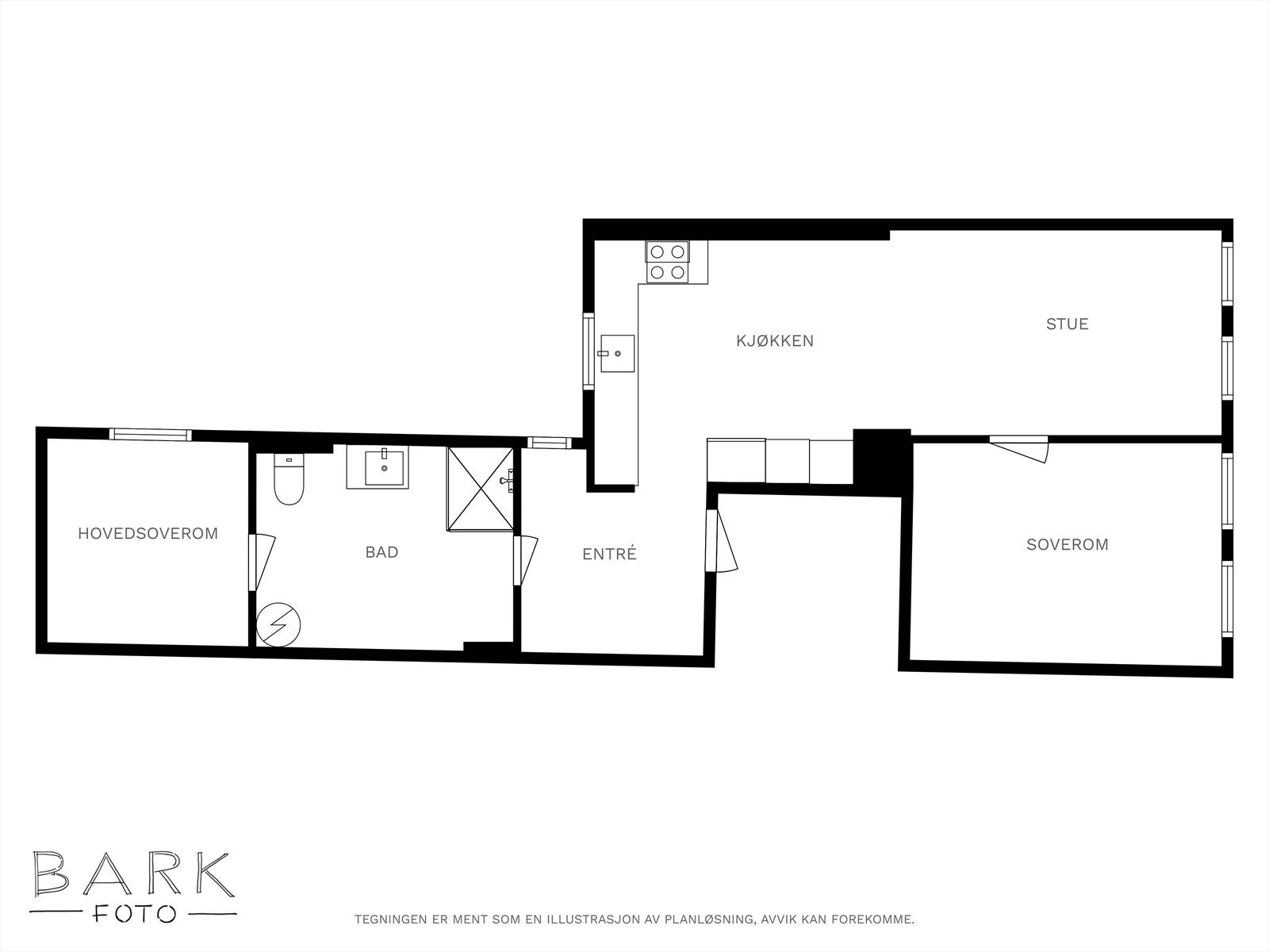 - Planskisse. Leiligheten inneholder stue/kjøkken, 2 soverom, bad/vaskerom og gang. - Galleribilde