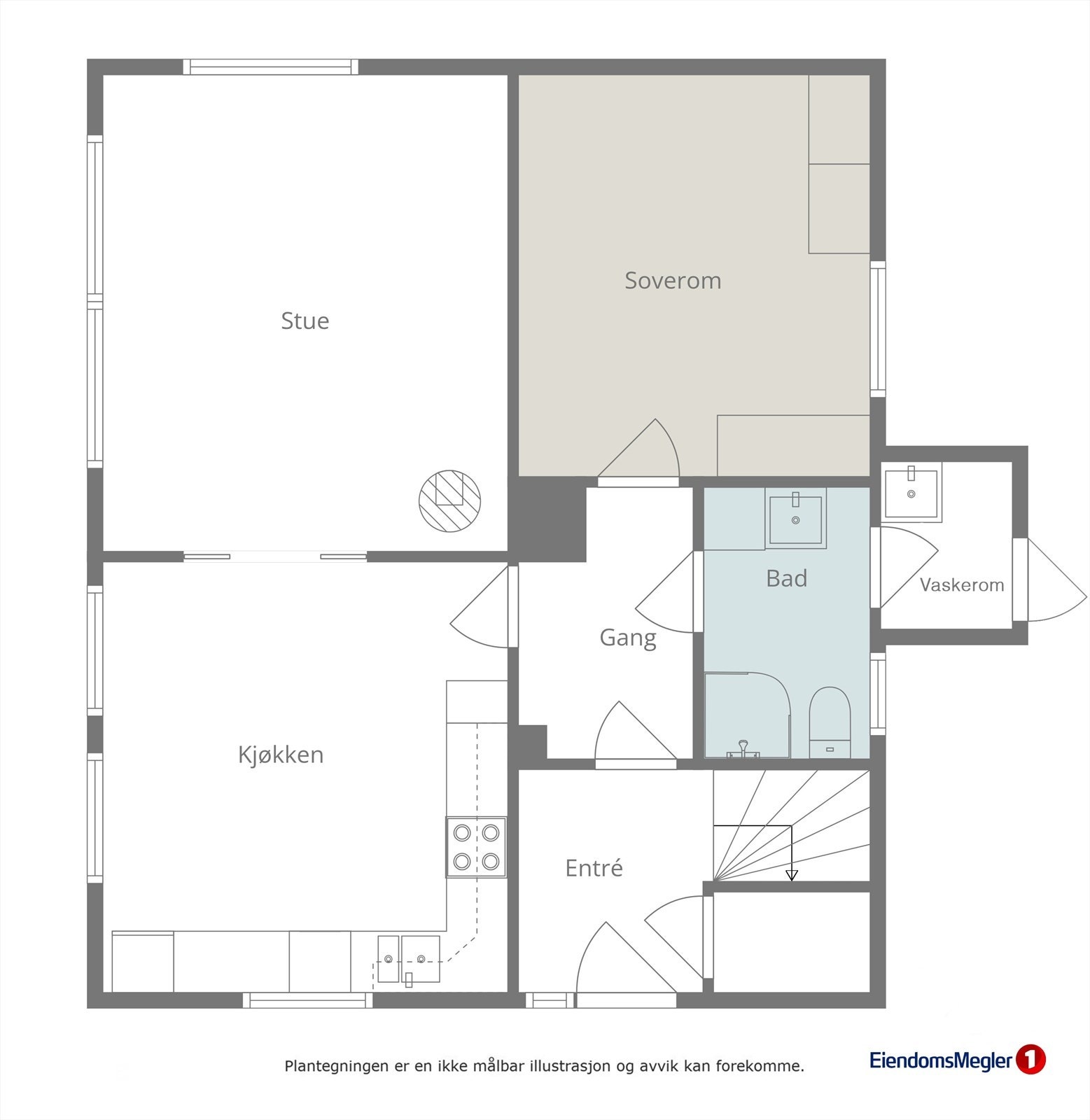 Første etasje har ei funksjonell planløysing med alle hovudfunksjonar på eitt plan, inkludert eit romsleg kjøkken og stove. Galleribilde