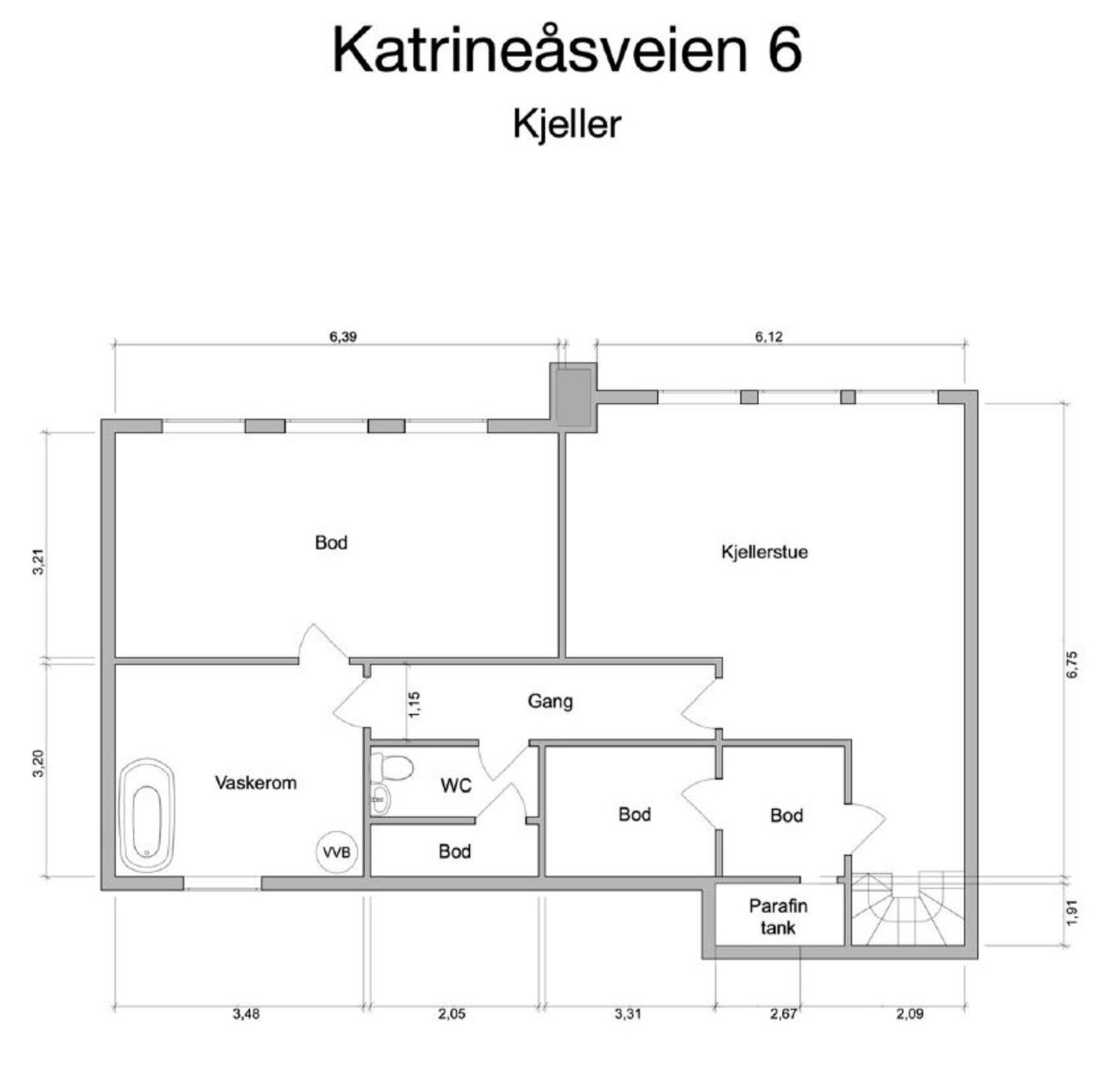 Planillustrasjon over kjelleretasjen. Det er ingen rom godkjent for beboelse i kjelleren. Galleribilde