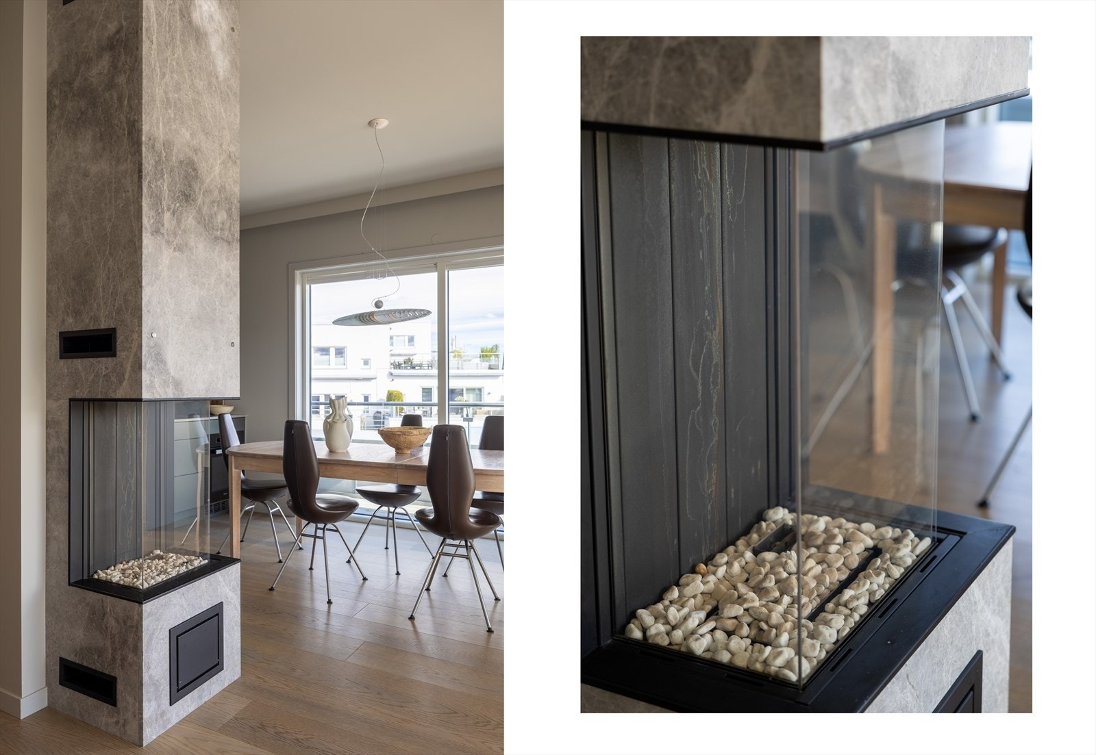 Eksklusive materialvalg hele veien. Gasspeis kledd med marmorplater og vannbåren oppvarming av gulv. Galleribilde