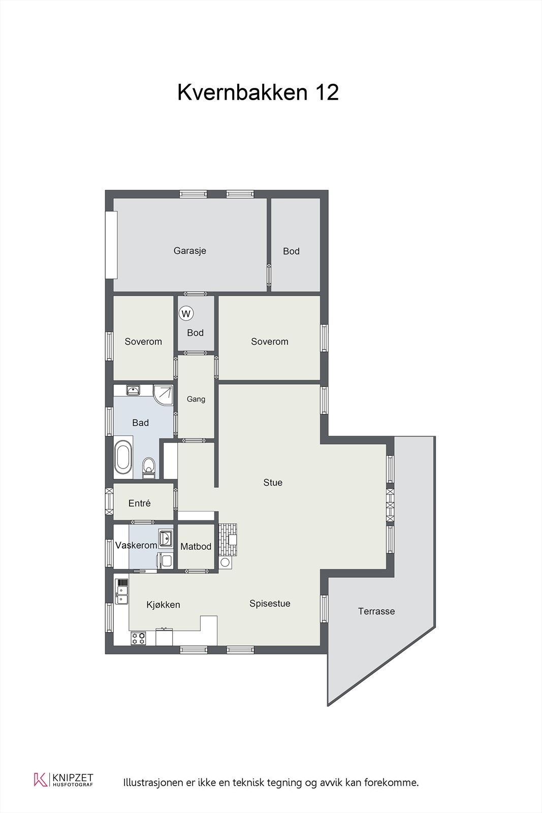 En praktisk planløsning med alle rom samlet på ett plan. Boligen har en åpen sone for stue og kjøkken, og en adskilt soveromsavdeling. Galleribilde