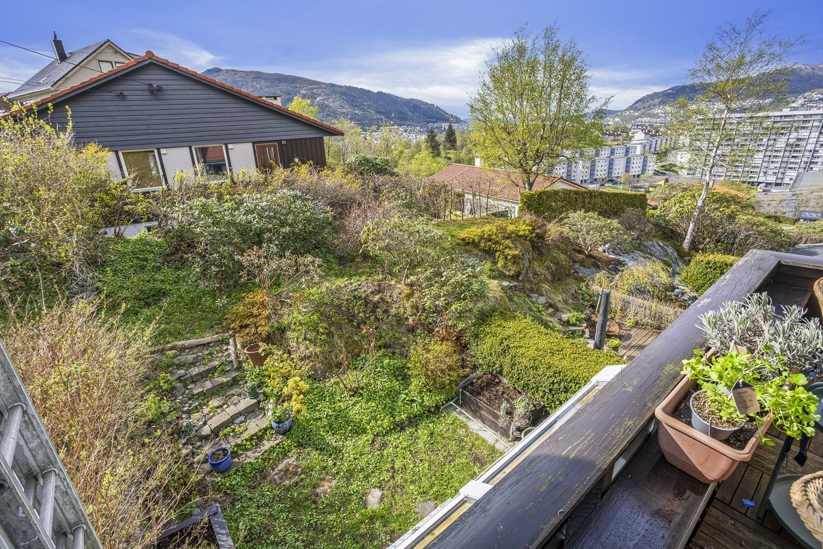 Oversikt over den private hagen fra balkongen. Galleribilde