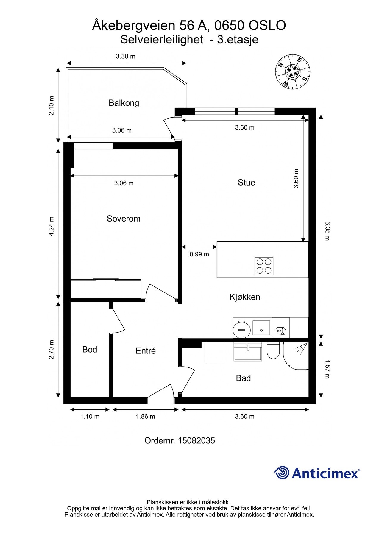 Plantegning 3. etasje med heis. I tillegg disponerer leiligheten en kjellerbod på 4m². Galleribilde