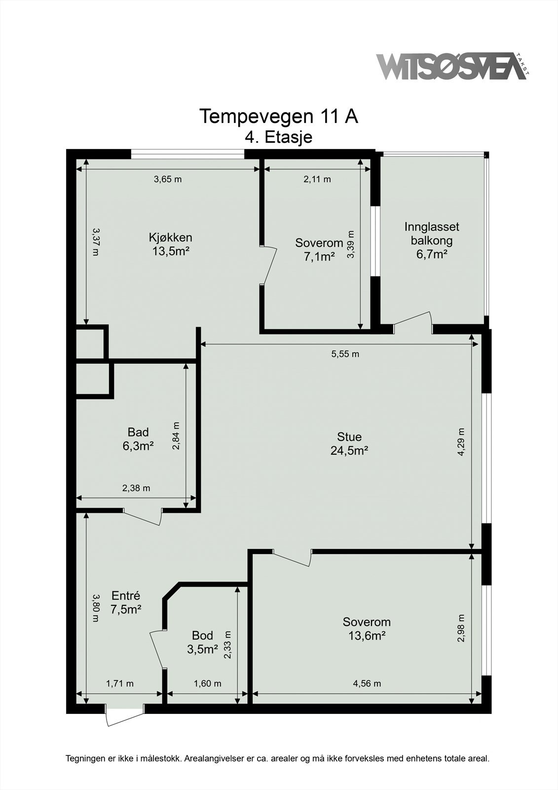 Planløsningen på 87 m² er arealeffektiv med to soverom, separat kjøkken og en intern bod. Galleribilde