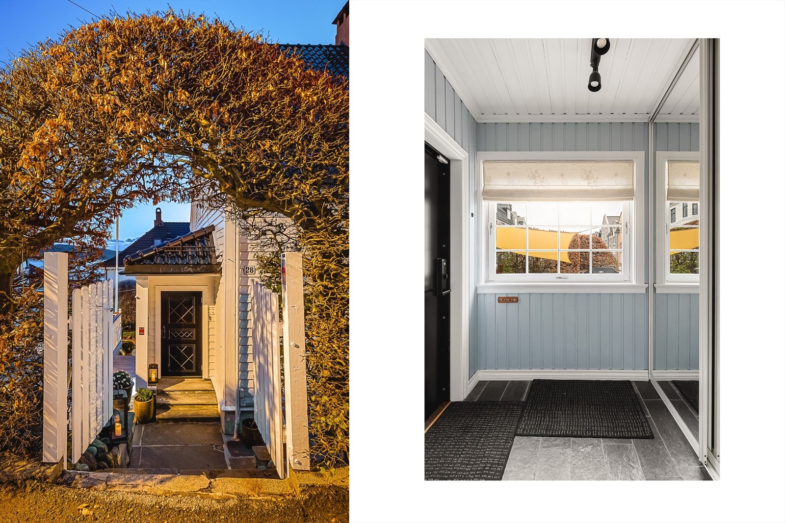Lys og innbydende entré med flislagt gulv og en stor skyvedørsgarderobe med speilfronter. Galleribilde