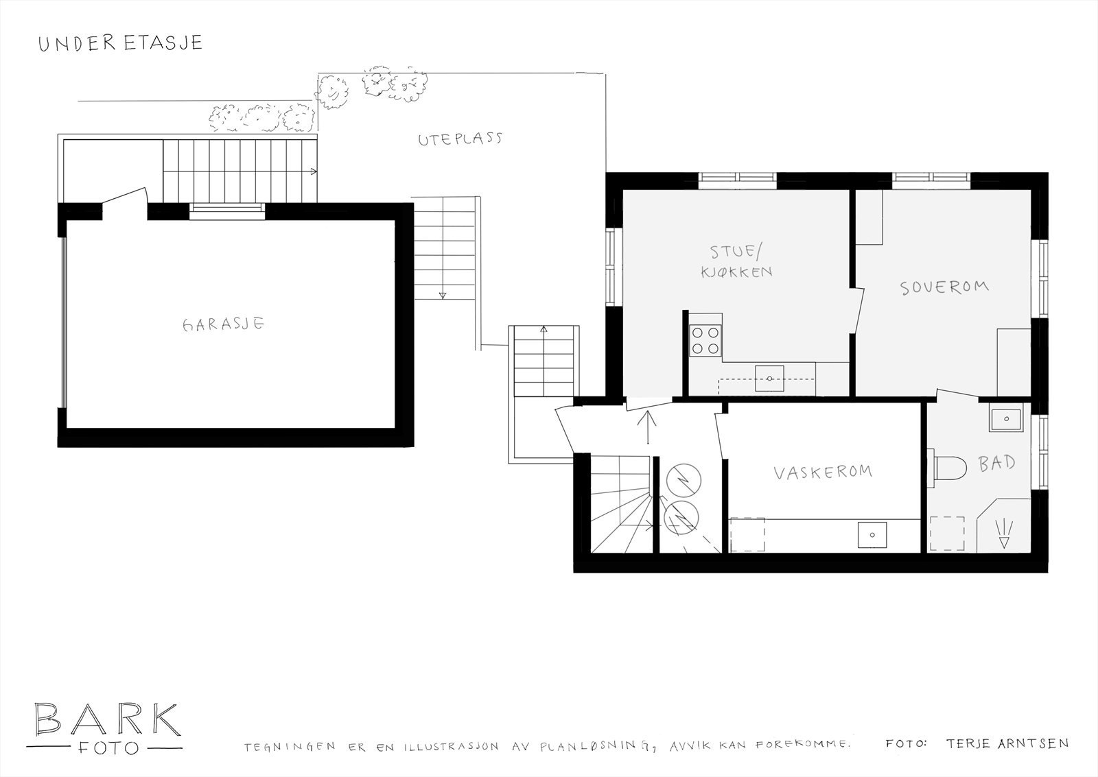 Underetasjen inneholder en egen boenhet med stue/kjøkken, soverom, bad og vaskerom, i tillegg til garasje. Galleribilde
