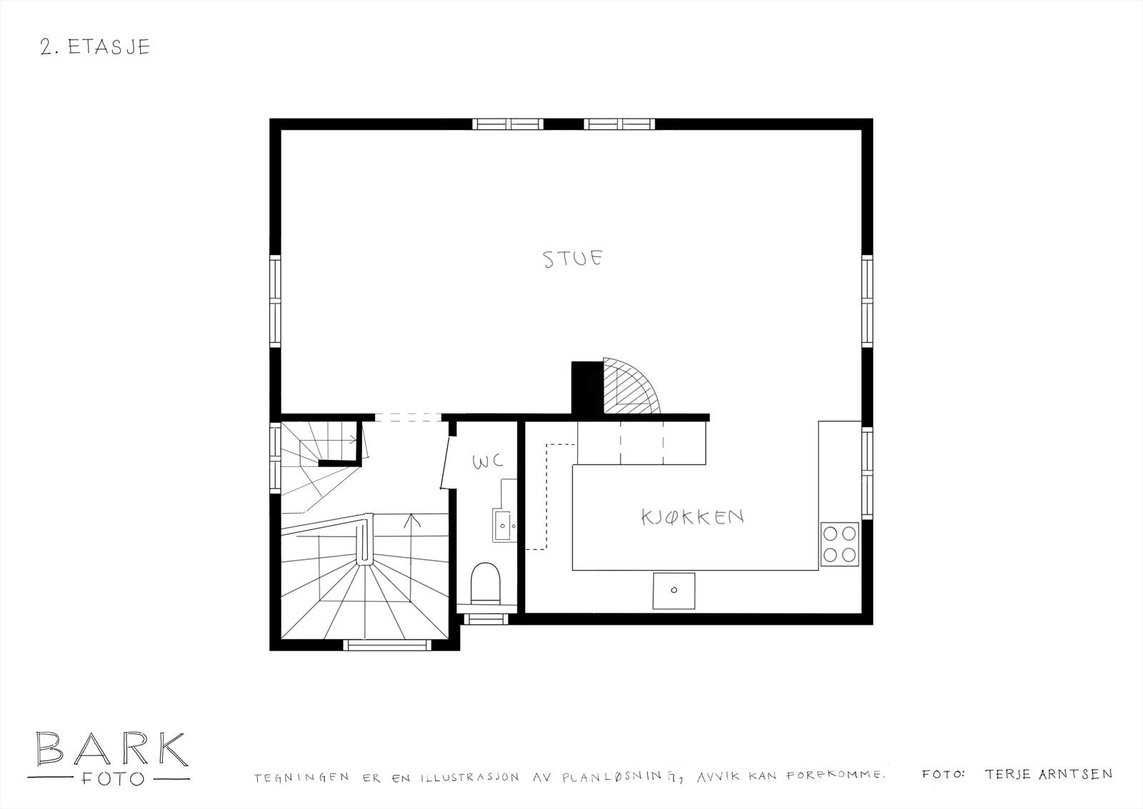 Andre etasje er et åpent og sosialt plan med stue og kjøkken, samt et gjestetoalett. Galleribilde
