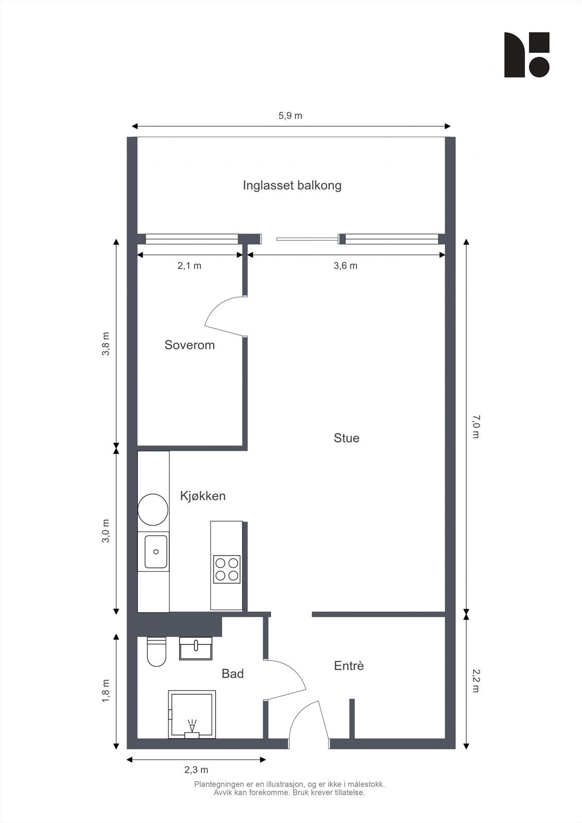 Plantegning. Leiligheten disponerer en kjellerbod på ca. 2 m². Galleribilde