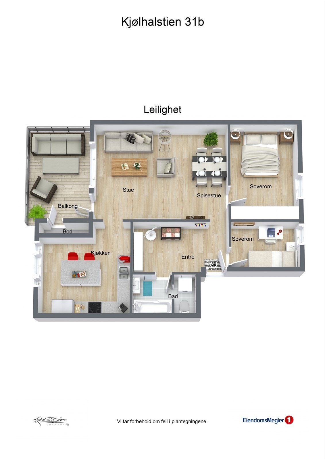 Leiligheten har en arealeffektiv planløsning som fordeler 75 m² på entré, stue, kjøkken, to soverom og bad. Galleribilde