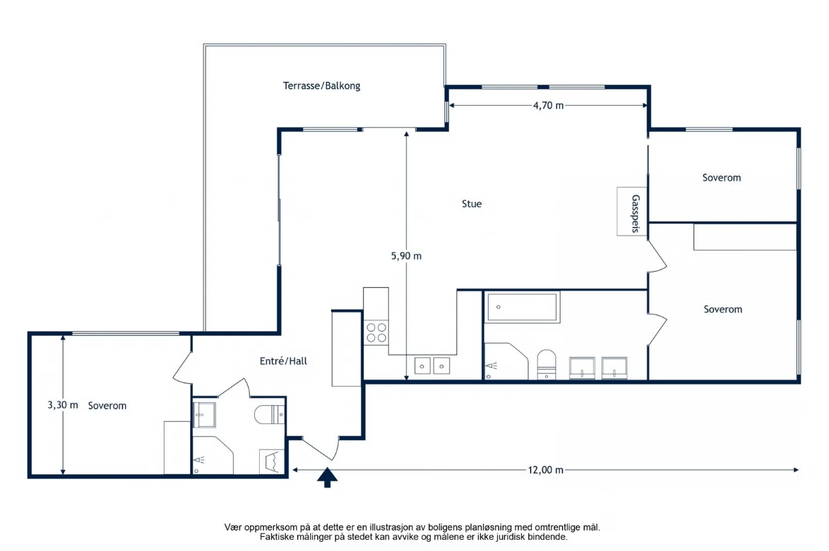 2. etasje, BRA-i 98 m²: Entré, stor stue med gasspeis og åpen kjøkkenløsning, tre soverom*, bad/wc og bad/wc/vaskerom. Fra stuen er det utgang til stor solrik balkong på ca. 22 m² Galleribilde