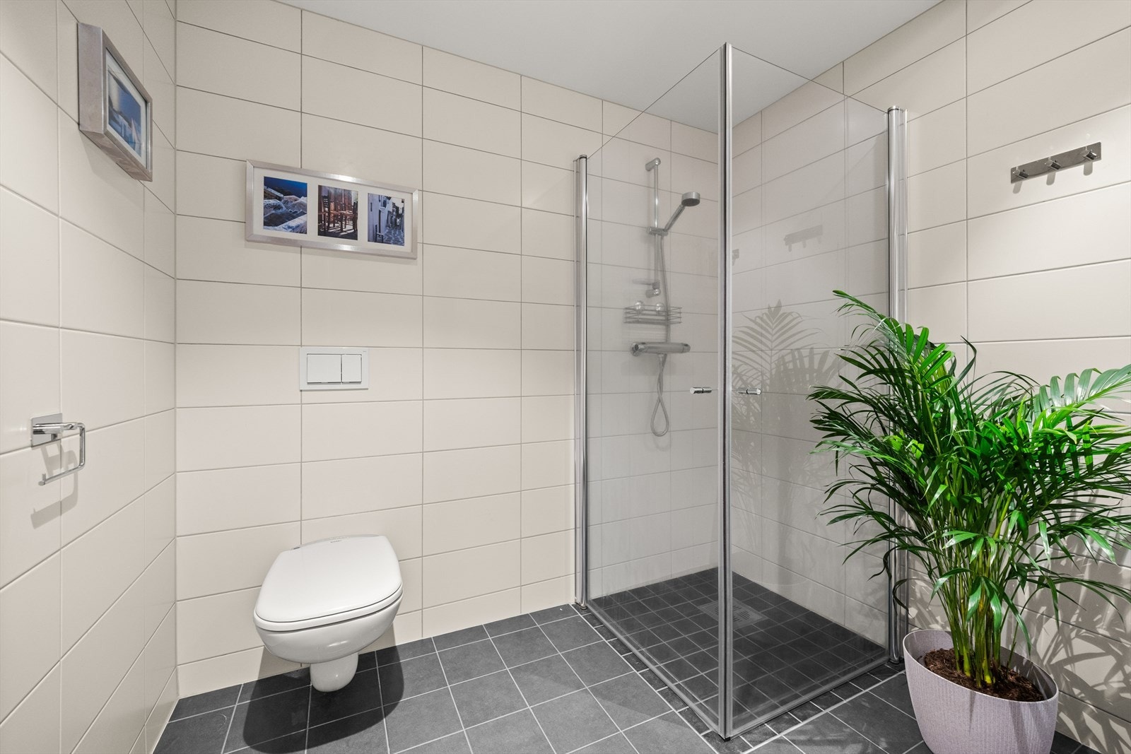 Det er opplegg for vaskemaskin og tørketrommel på badet, samt innfelte downlights i tak for tilpasset belysning Galleribilde