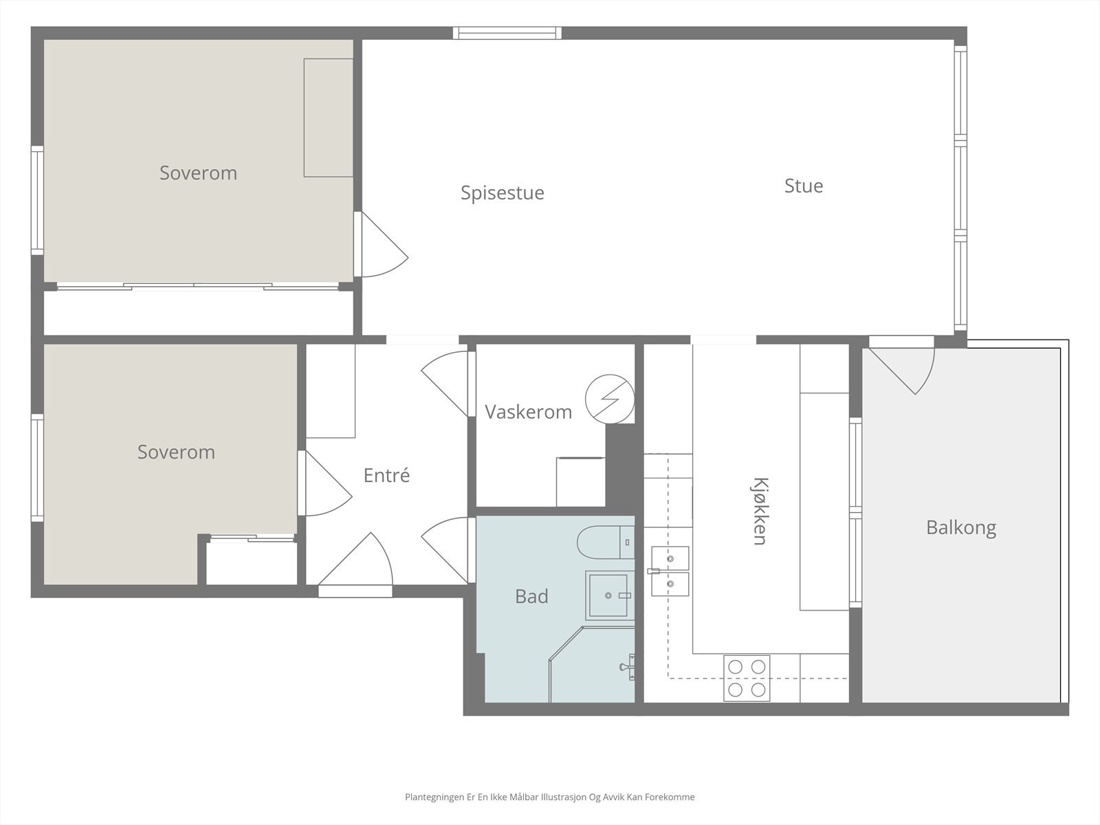 Leilighetens 78 m² er effektivt fordelt på entré, to soverom, bad, bod, kjøkken og stue. Galleribilde