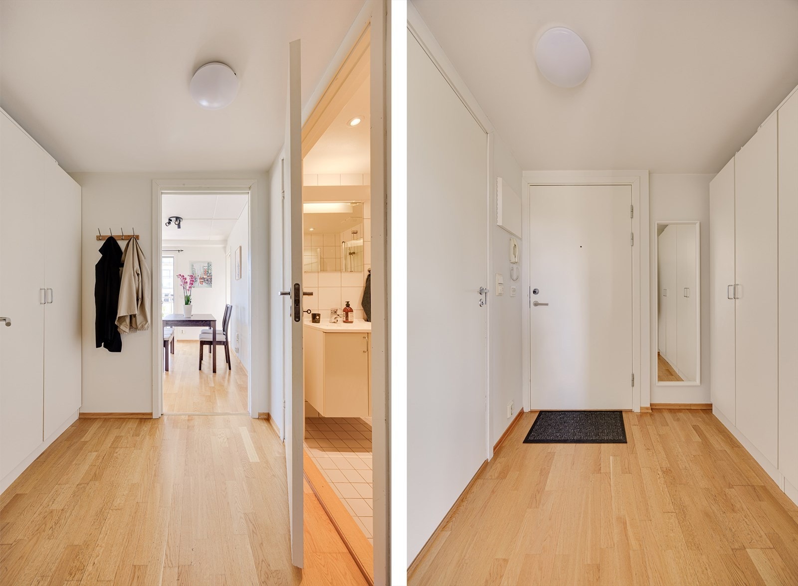 Du ønskes velkommen inn i en hyggelig og praktisk entré med god plass til yttertøy og sko. Her er det rom for garderobeløsning og en liten sitteplass - perfekt når du skal av og på med skoene. Galleribilde