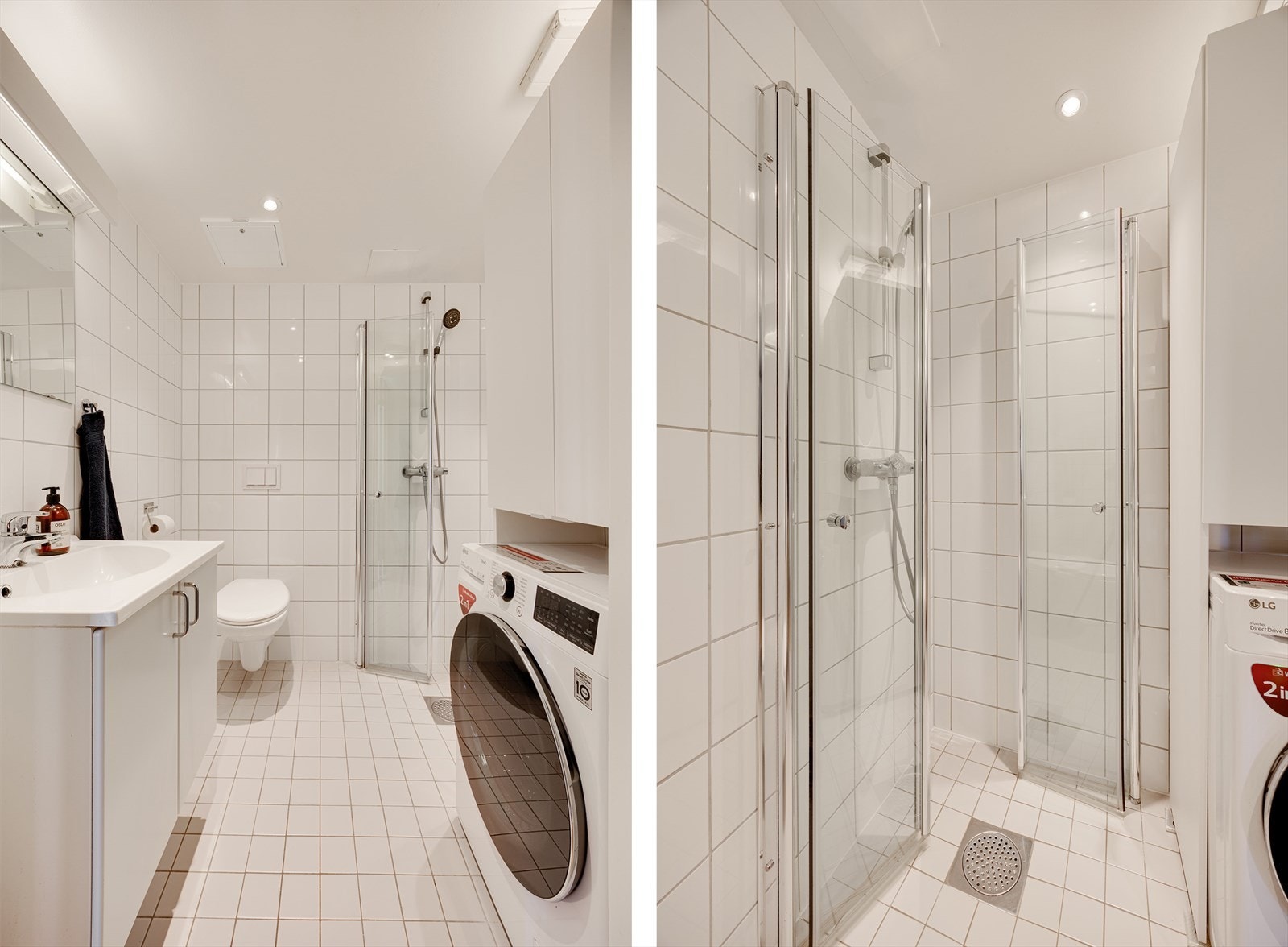 Badet er utstyrt med servant, veggfestet klosett med innebygget sisterne samt dusj med innfellbare dører i herdet glass. Det er også praktisk opplegg for vaskemaskin. Galleribilde