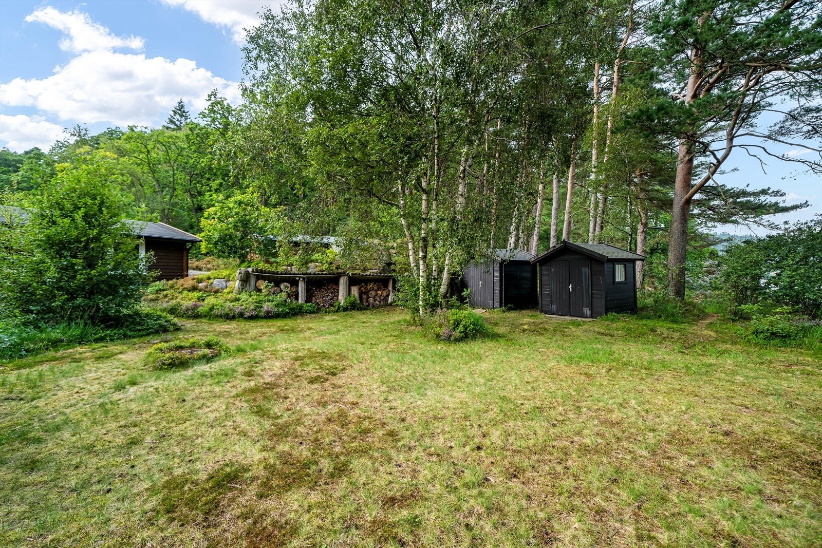 Plenlagt uteområde omkranset med vegetasjon. Galleribilde