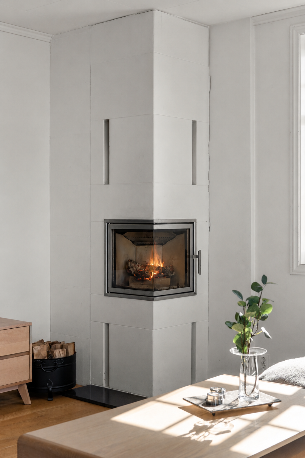 I tillegg til peisen fra 2013 med glass og synlige flammer, varmes rommet opp med varmepumpe, som også kan benyttes som aircondition på varme sommerdager. Galleribilde