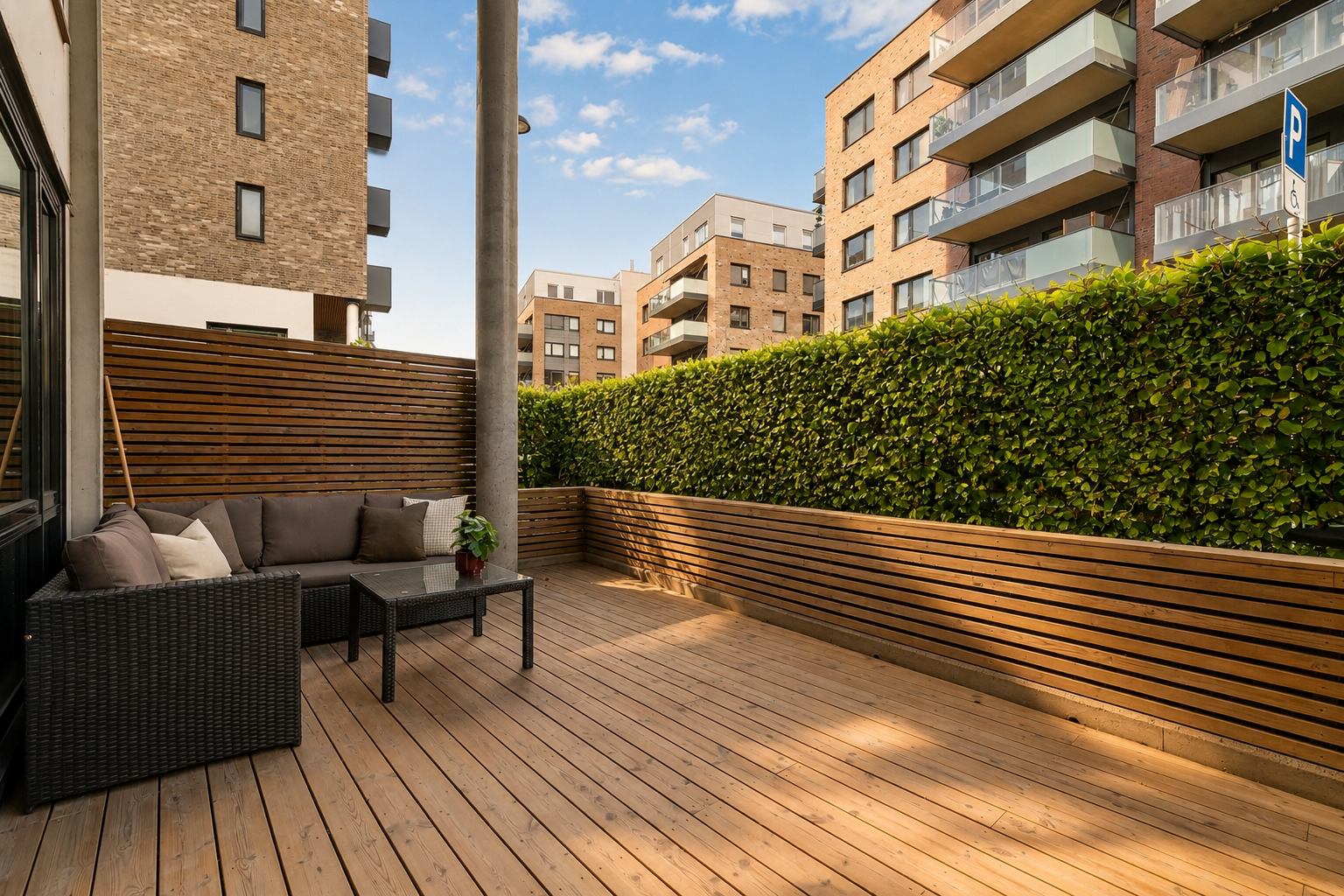 I tillegg til terrassen er det felles takterrasse og bakgård i sameiet, samt flere flotte grøntområder i gangavstand.
Bladene på hekken er illustrert, avvik kan forekomme. Galleribilde