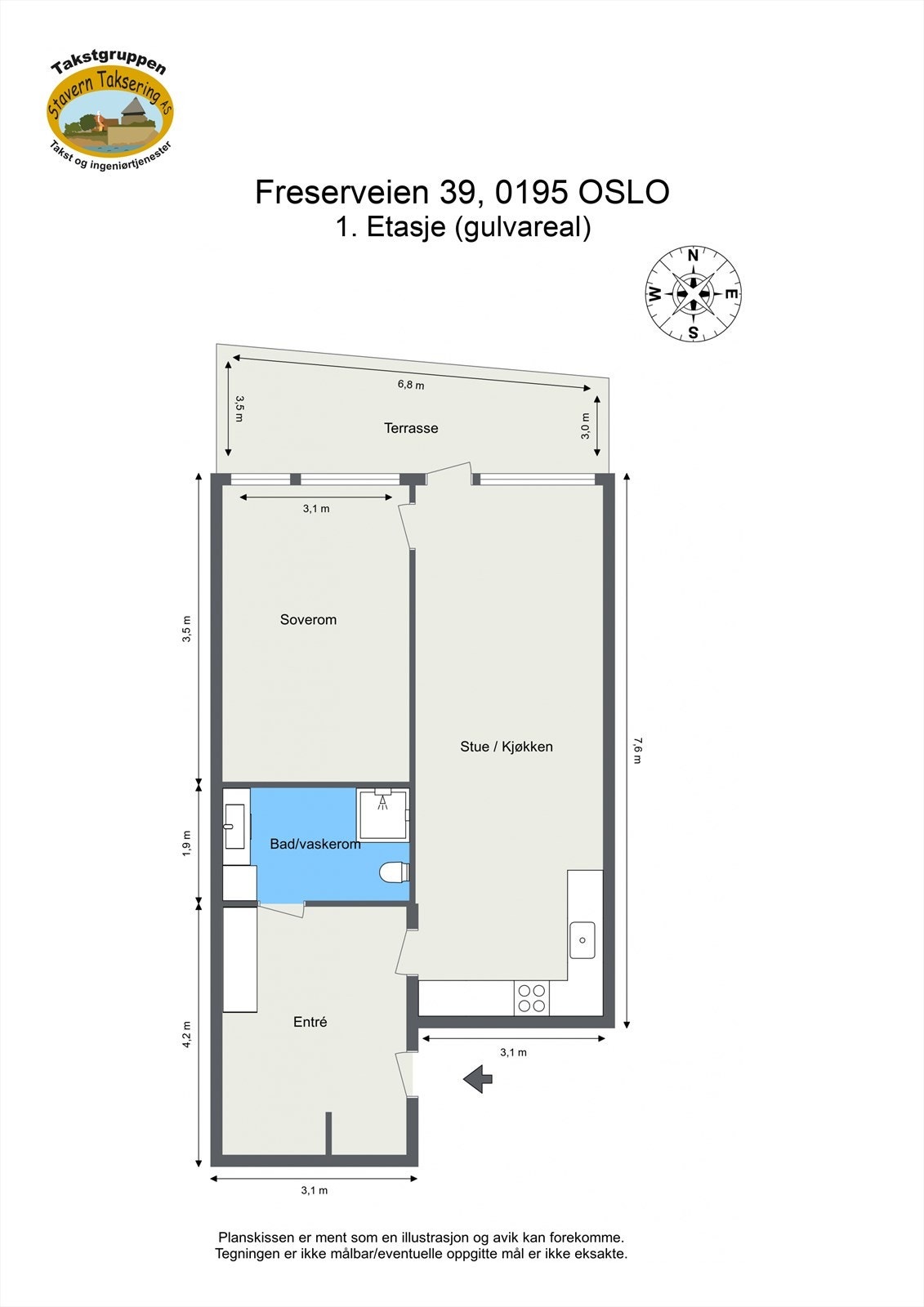Leiligheten er 55 m² og består av entré, stue/kjøkken, soverom og et flislagt bad Galleribilde