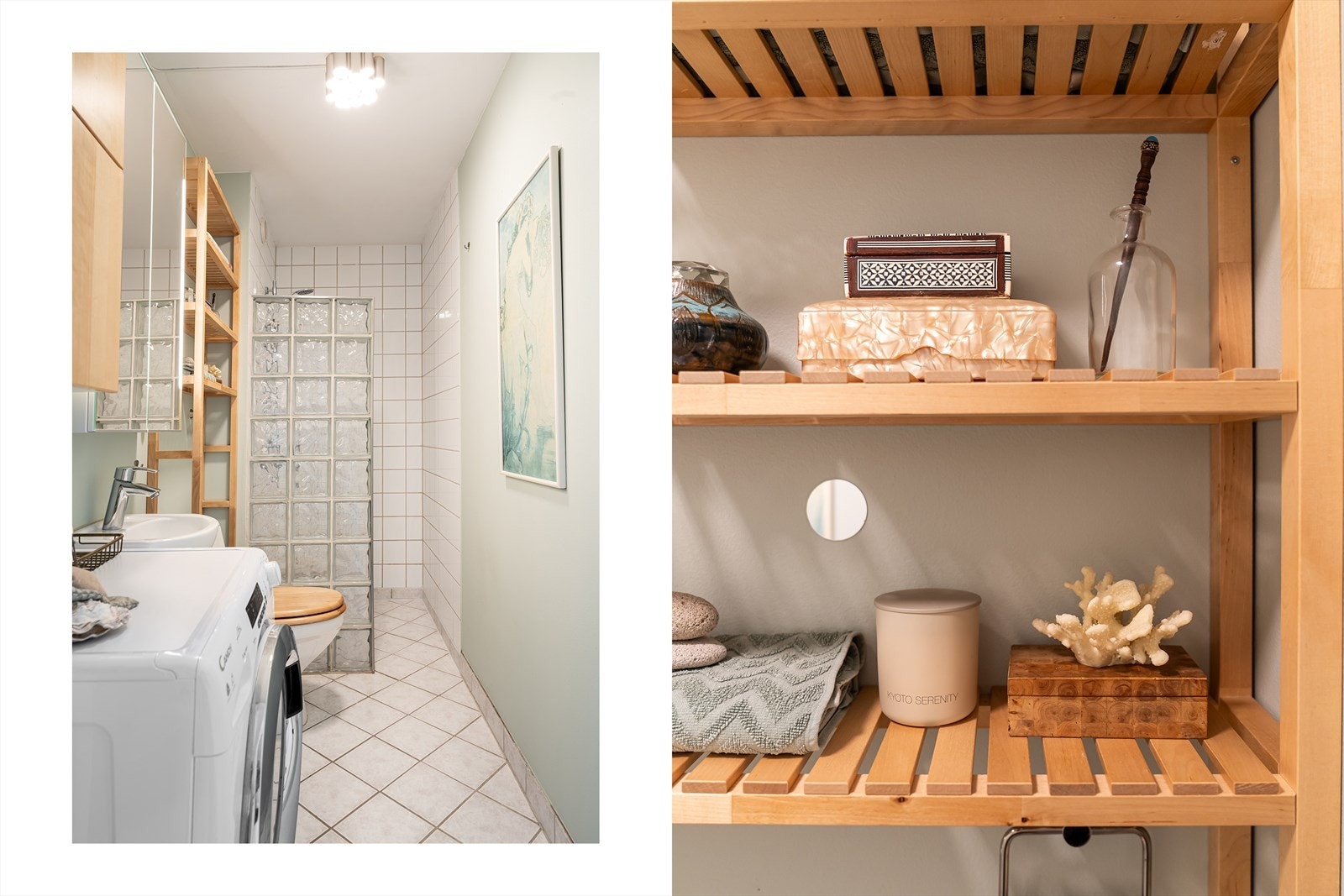 Badet er utstyrt med servant, speilskap med oppbevaring, skap, klosett, dusj på gulv og opplegg for vaskemaskin. Galleribilde