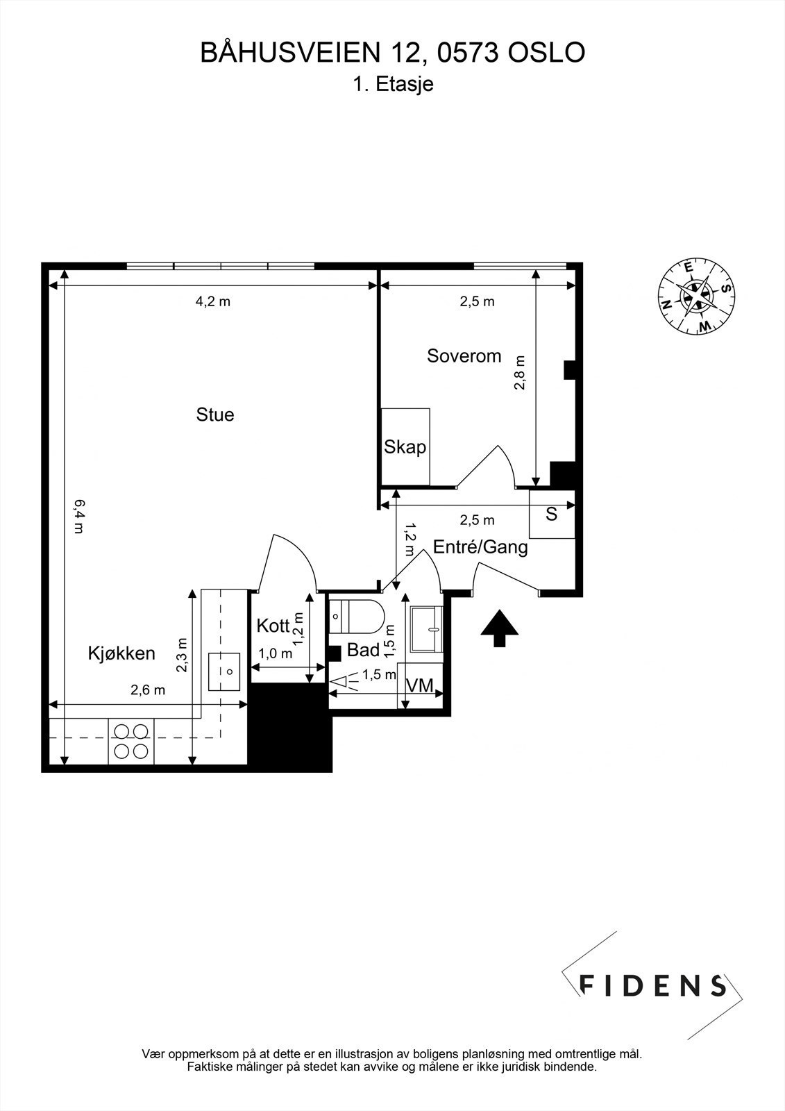 Plantegning. I tillegg disponerer leiligheten en kjellerbod på ca. 3 kvm. Galleribilde