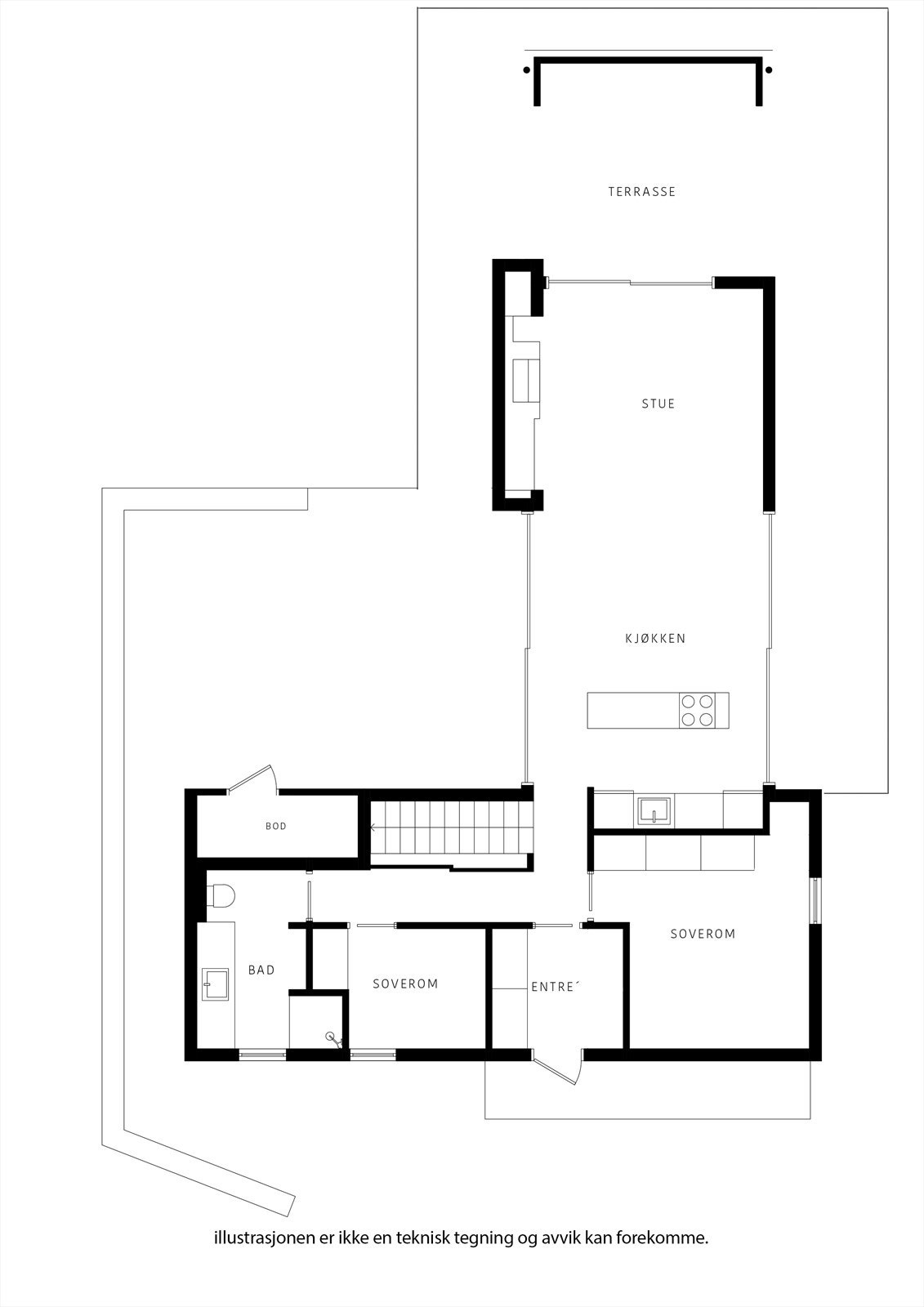 Hovedplan med alle fasiliteter, slik at 2. etg bare blir en bonus for å trekke seg tilbake eller ha gjester. Galleribilde