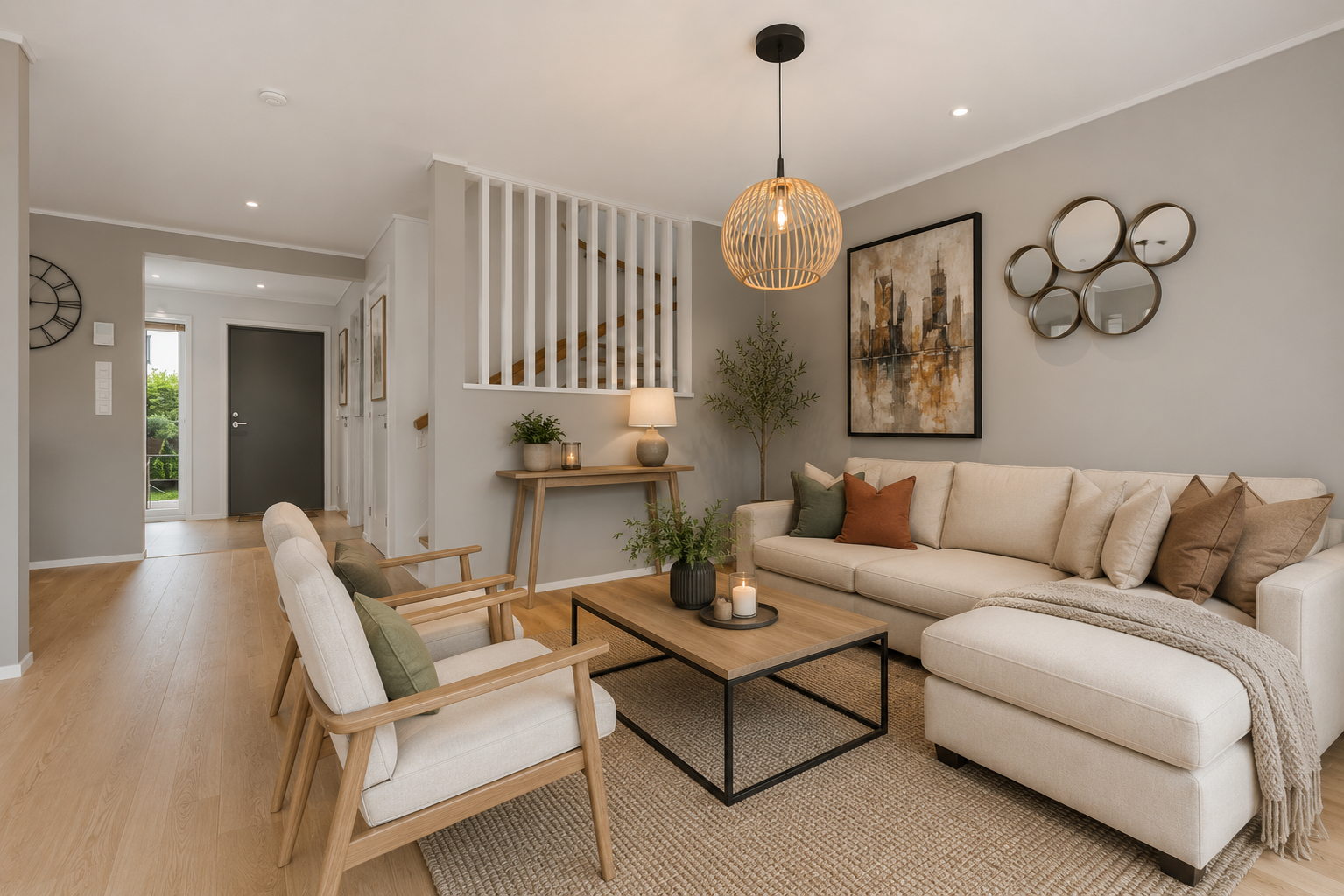 Downlights i taket bidrar til et moderne uttrykk og behagelig belysning. NB! Bildet er AI-generert/møblert, og avvik kan forekomme. Galleribilde