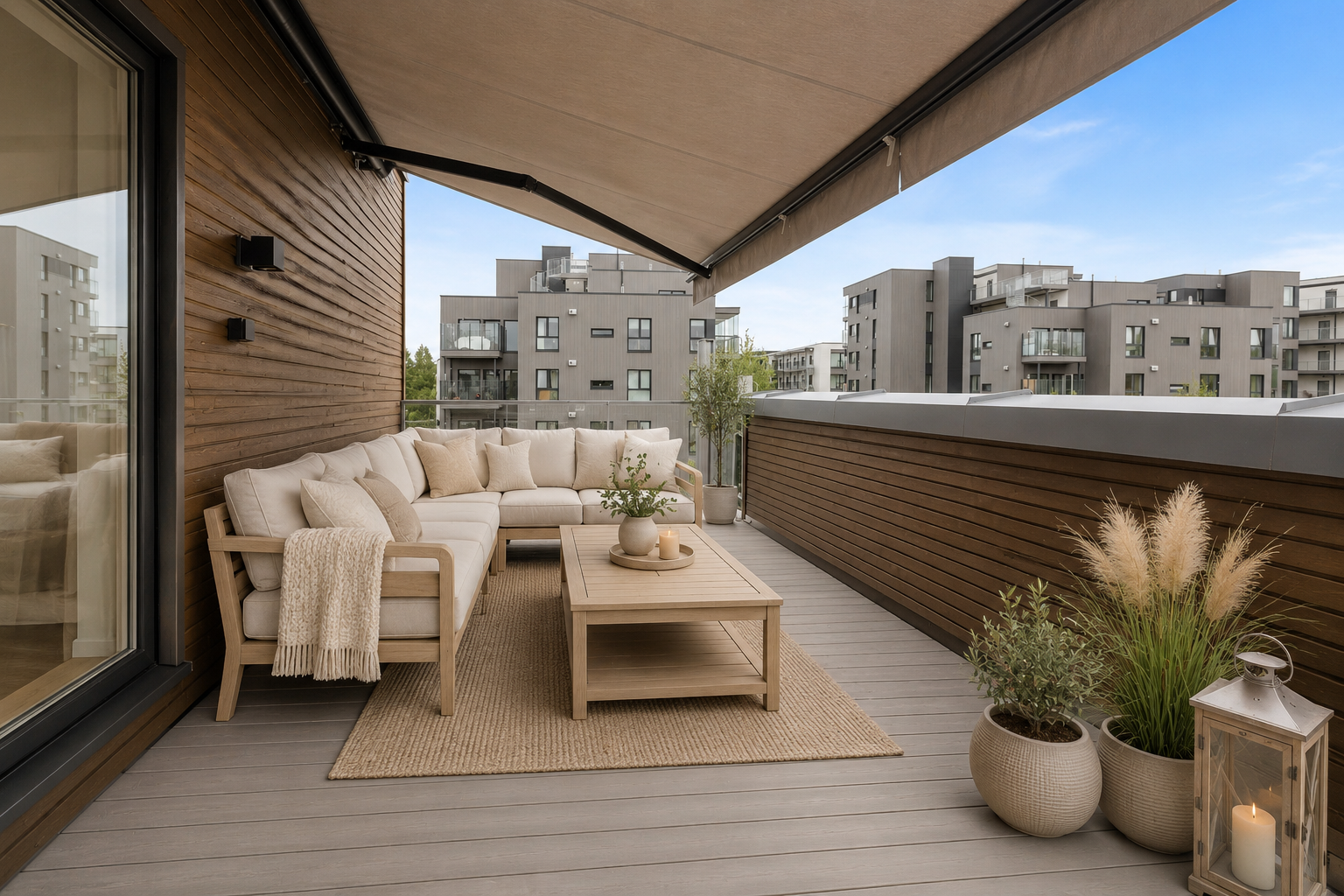 Hele terrassen er godt skjermet, noe som gir minimal innsyn og en privat og lun atmosfære.
NB! Bildet er AI-generert/møblert, og avvik kan forekomme. Galleribilde