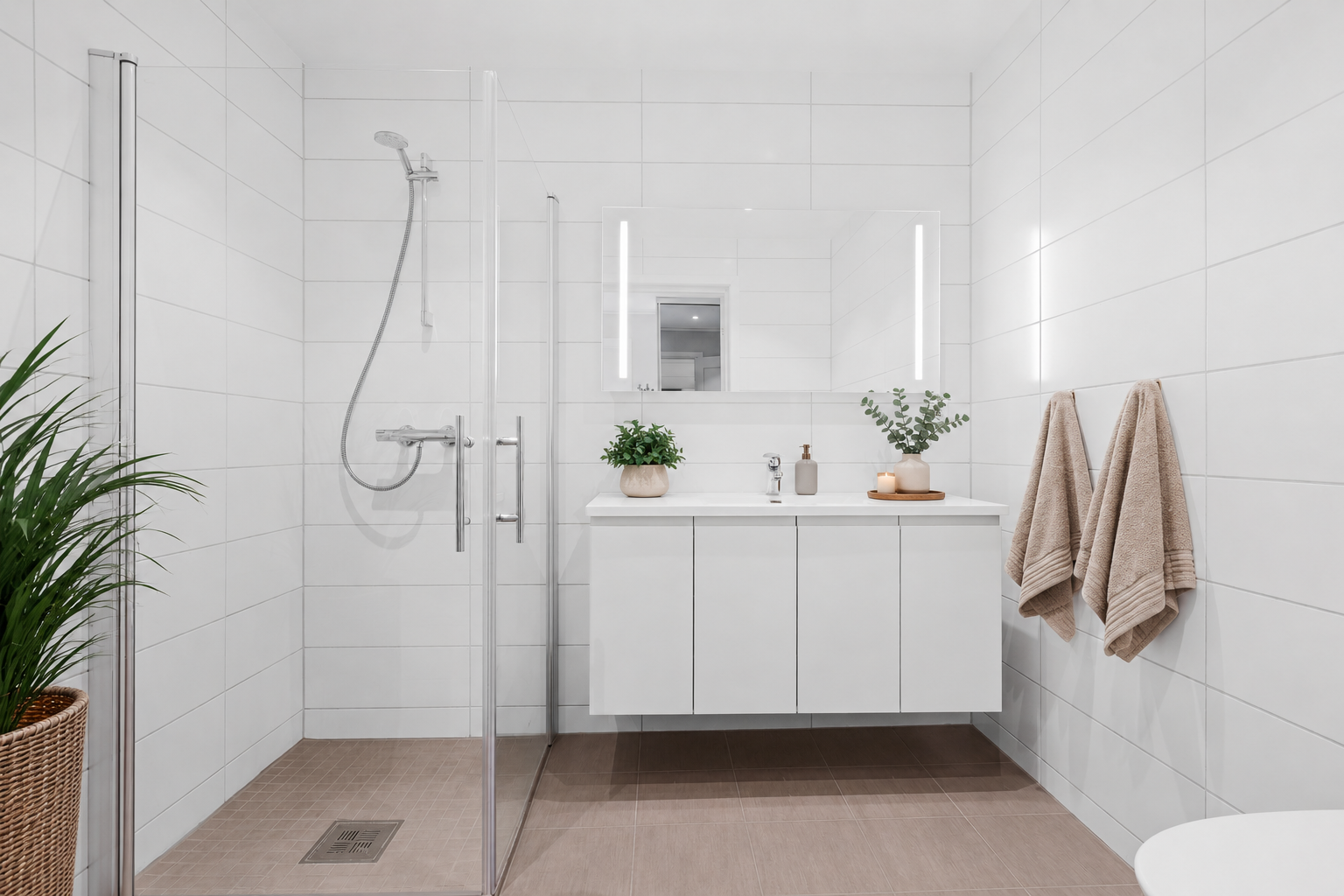 På motsatt side av entréen ligger et pent, flislagt baderom med delikat baderomsinnredning og speil. Badet har dusjnisje med innfellbare glassdører, gulvvarme og downlights i himlingen. NB! Bildet er AI-generert, og avvik kan forekomme. Galleribilde