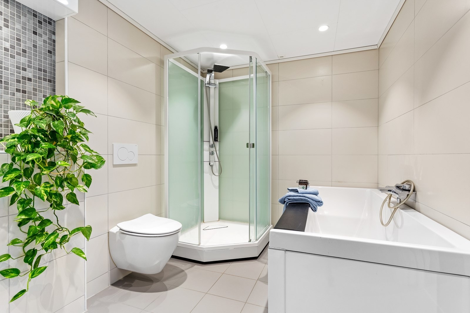 Badet i underetasjen er utstyrt med baderomsmøbel med dobbel vask, vegghengt toalett, spegel med lys, tett dusjkabinett og badekar. Galleribilde