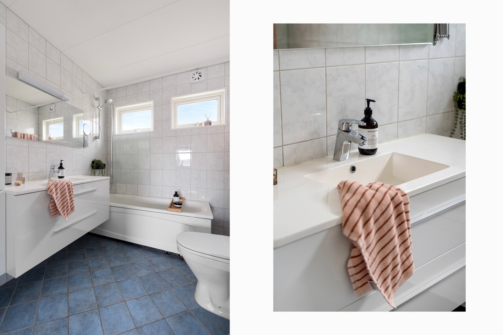 Badet i 1. etasje framstår romslig. Utstyrt med badekar med dusjmuligheter, toalett. og baderomsinnredning med oppbevaringsplass.