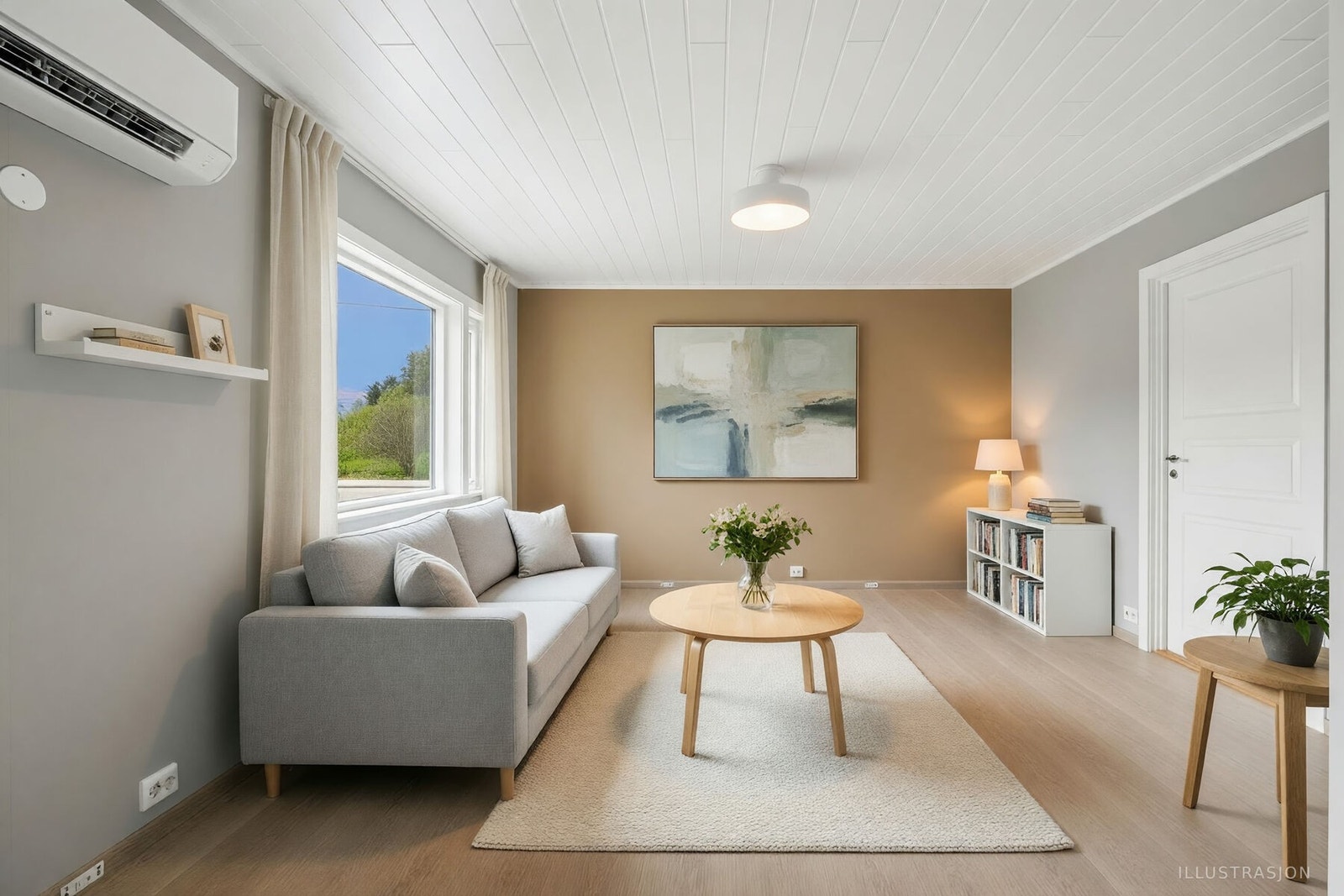 Boligen varmes opp med varmepumpe i begge etasjene. (Digitalt møblert) Galleribilde