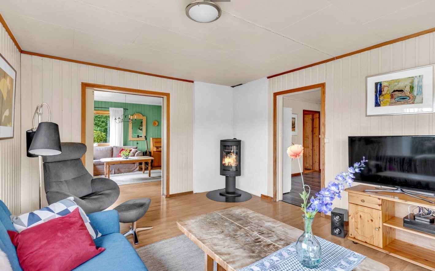Romslig stue med ved ovn. Galleribilde
