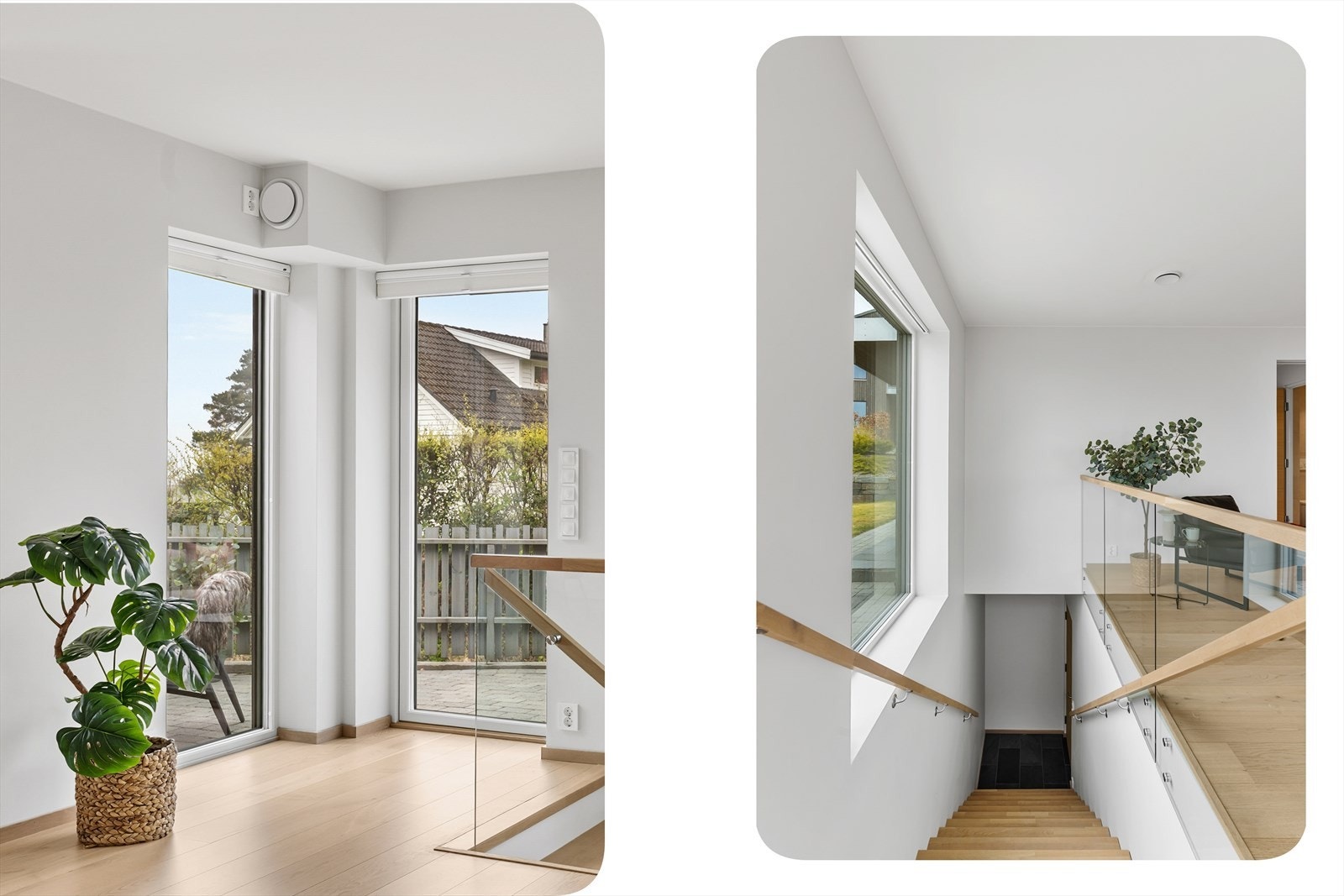 Trapperommet har glassrekkverk og en malt tretrapp med solide eiketrinn ned til underetasjen. Galleribilde