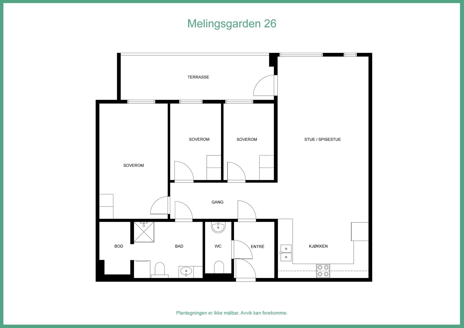 Plantegningen viser en velutnyttet leilighet med tre soverom, entré, bad, separat toalett, bod og en romslig stue med tilknyttet kjøkken. Galleribilde