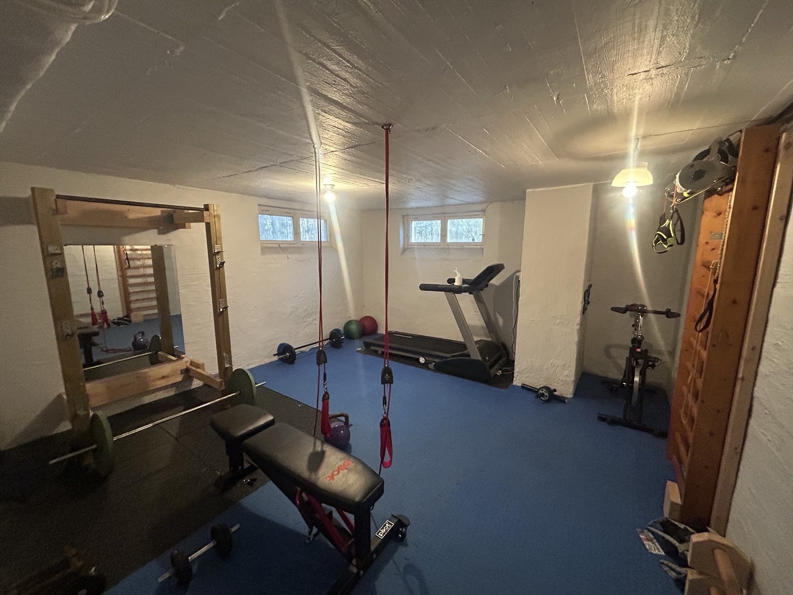 Tilgang til justerbar benk, frivekter, sykkel, tredemølle og skierg i ribbevegg. Galleribilde