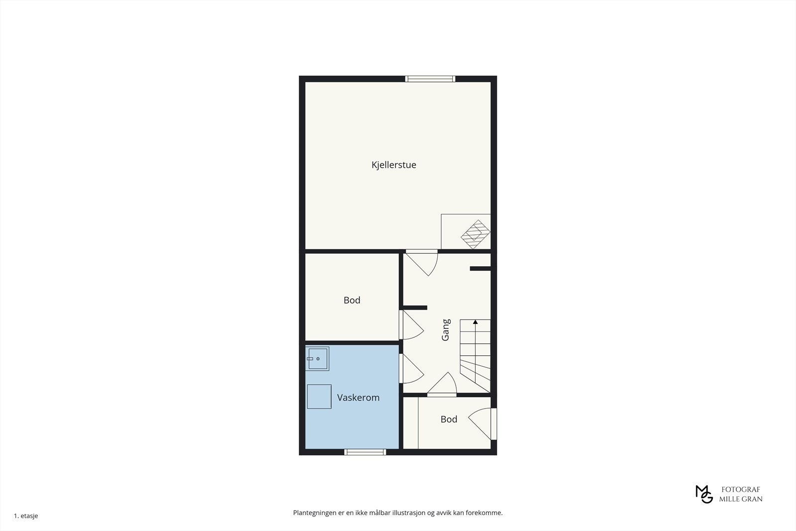 Kjelleren inneholder en innredet kjellerstue, vaskerom og gode lagringsmuligheter i flere boder. Galleribilde