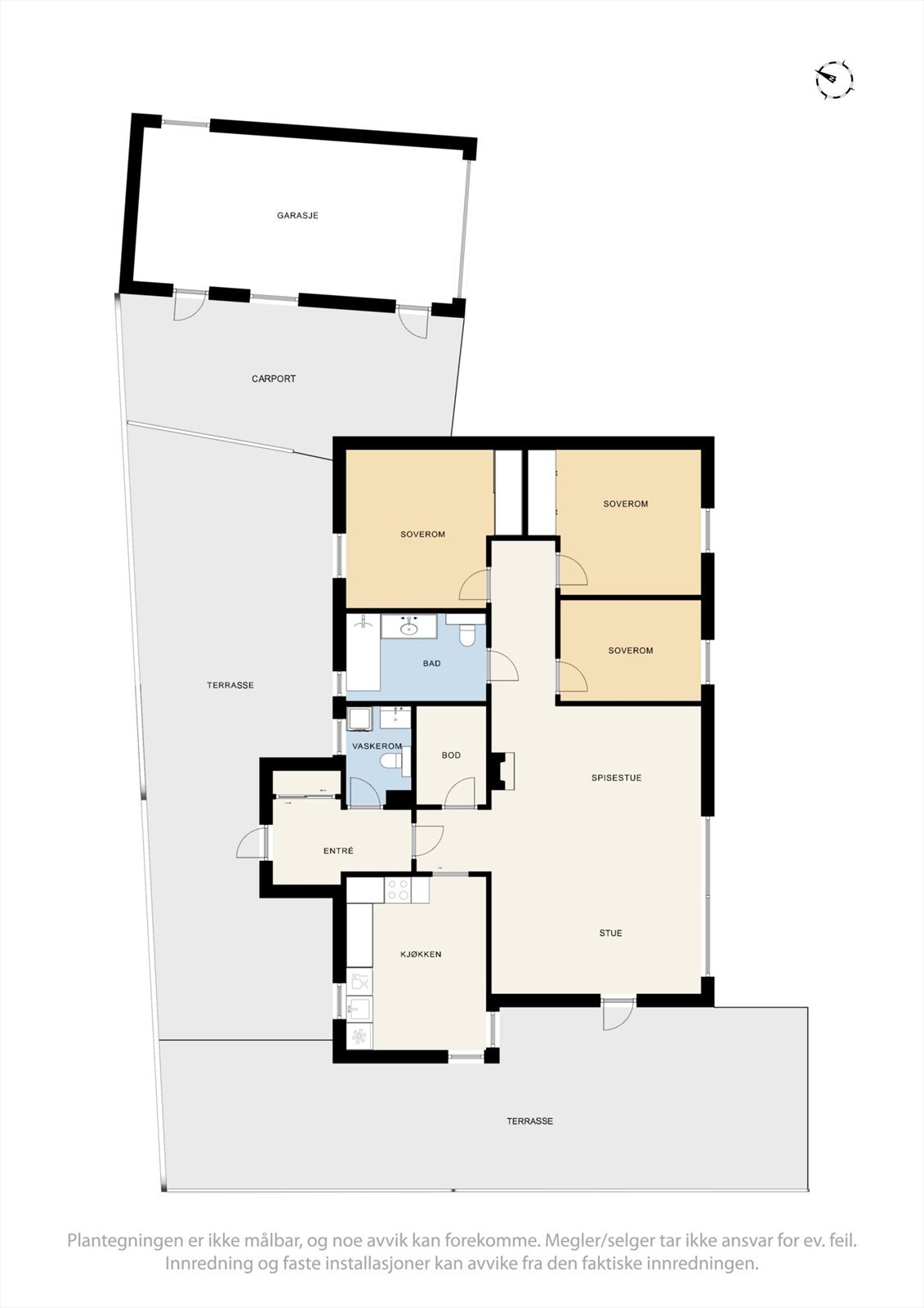 Arealeffektiv planløsning med alt på ett plan. Garasje med carport. Galleribilde