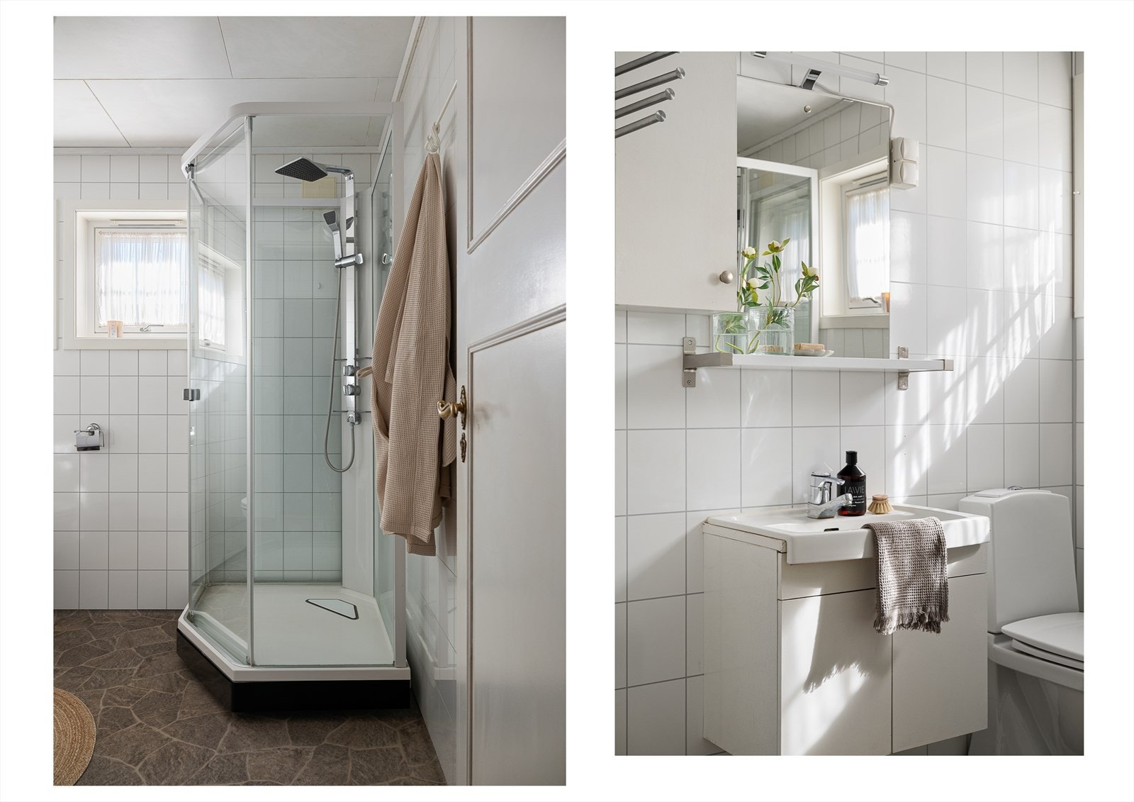 Badet er innredet med toalett, servant i baderomsmøbel og dusjkabinett. Galleribilde