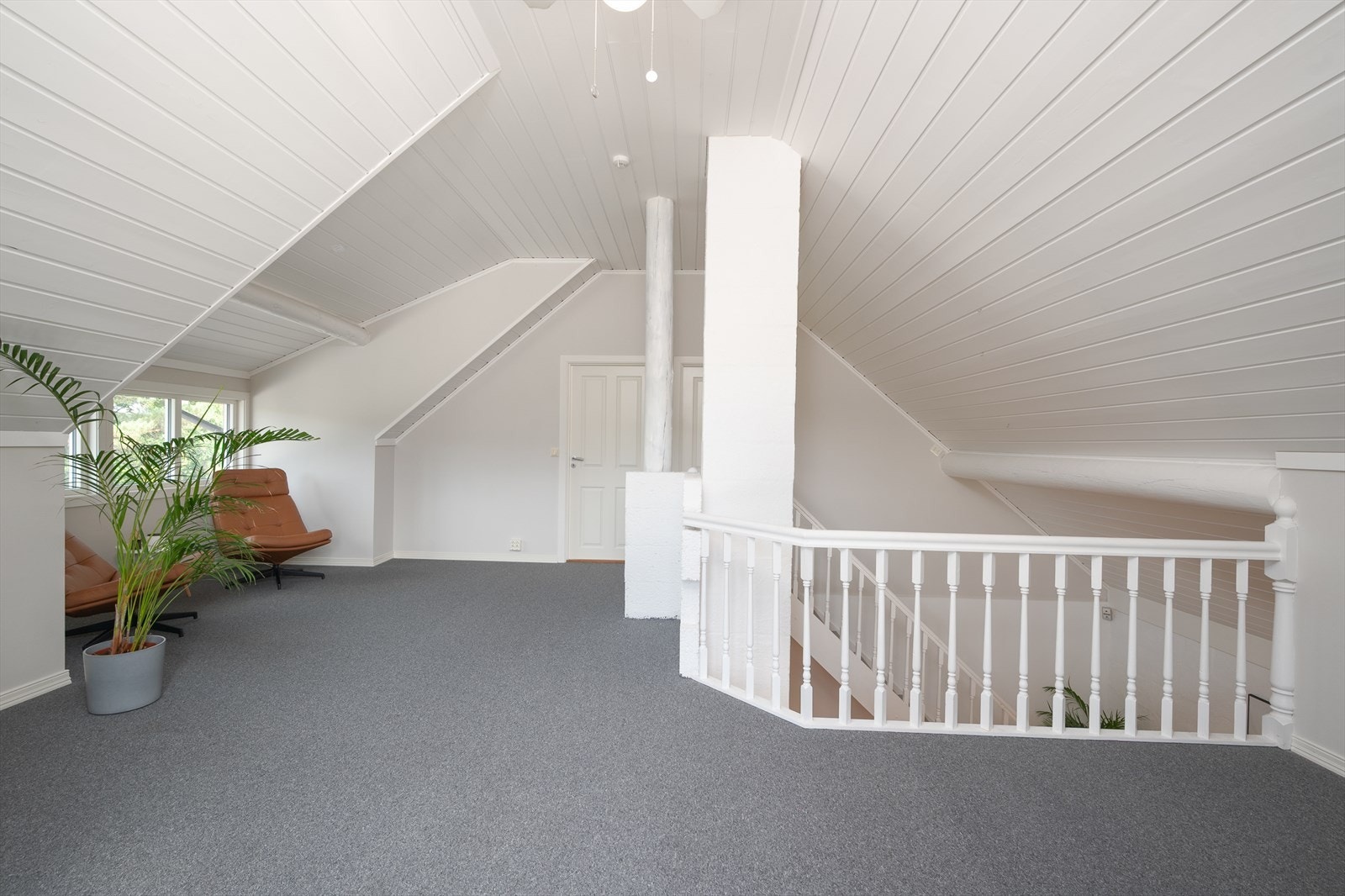 Loftstuen har teppe på gulvet og panel i taket. Galleribilde