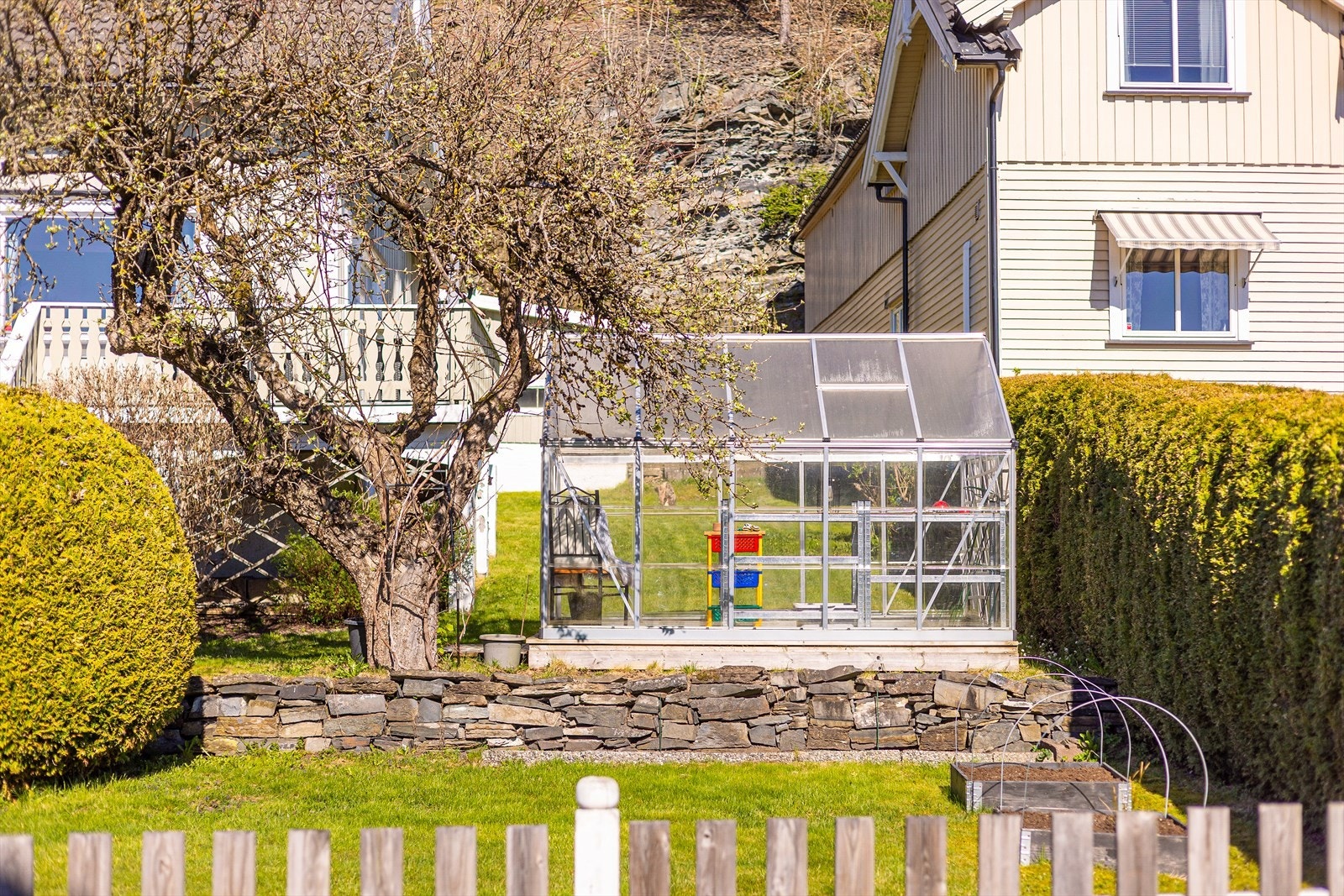 Nærbilde av drivhuset og hagen. Galleribilde